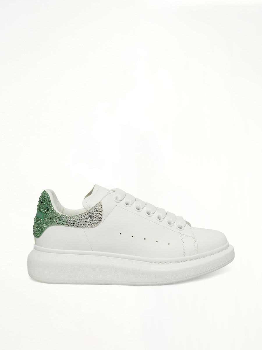 Larry Oversized Heel Sneaker in White/Green Crystal Side View | ALEXANDER MCQUEEN