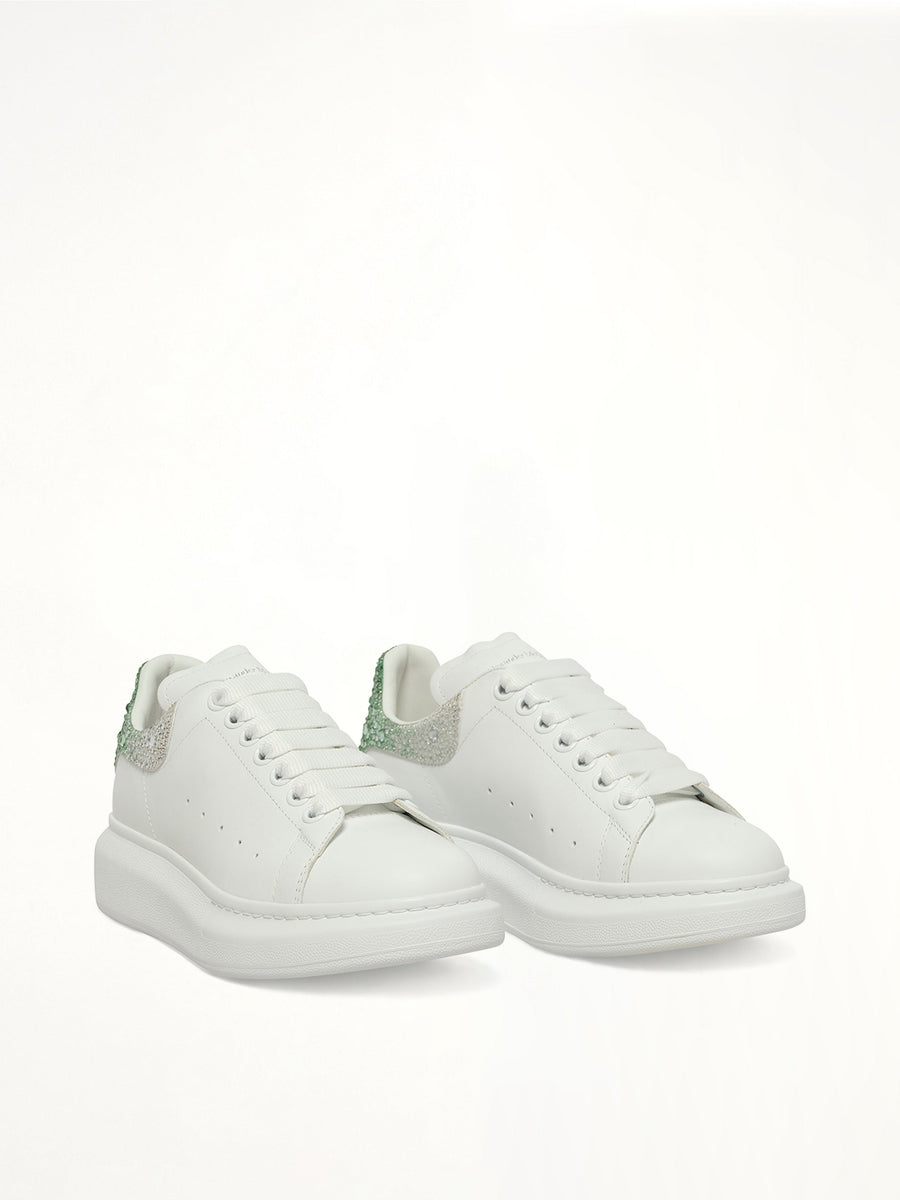 Larry Oversized Heel Sneaker in White/Green Crystal Front View | ALEXANDER MCQUEEN
