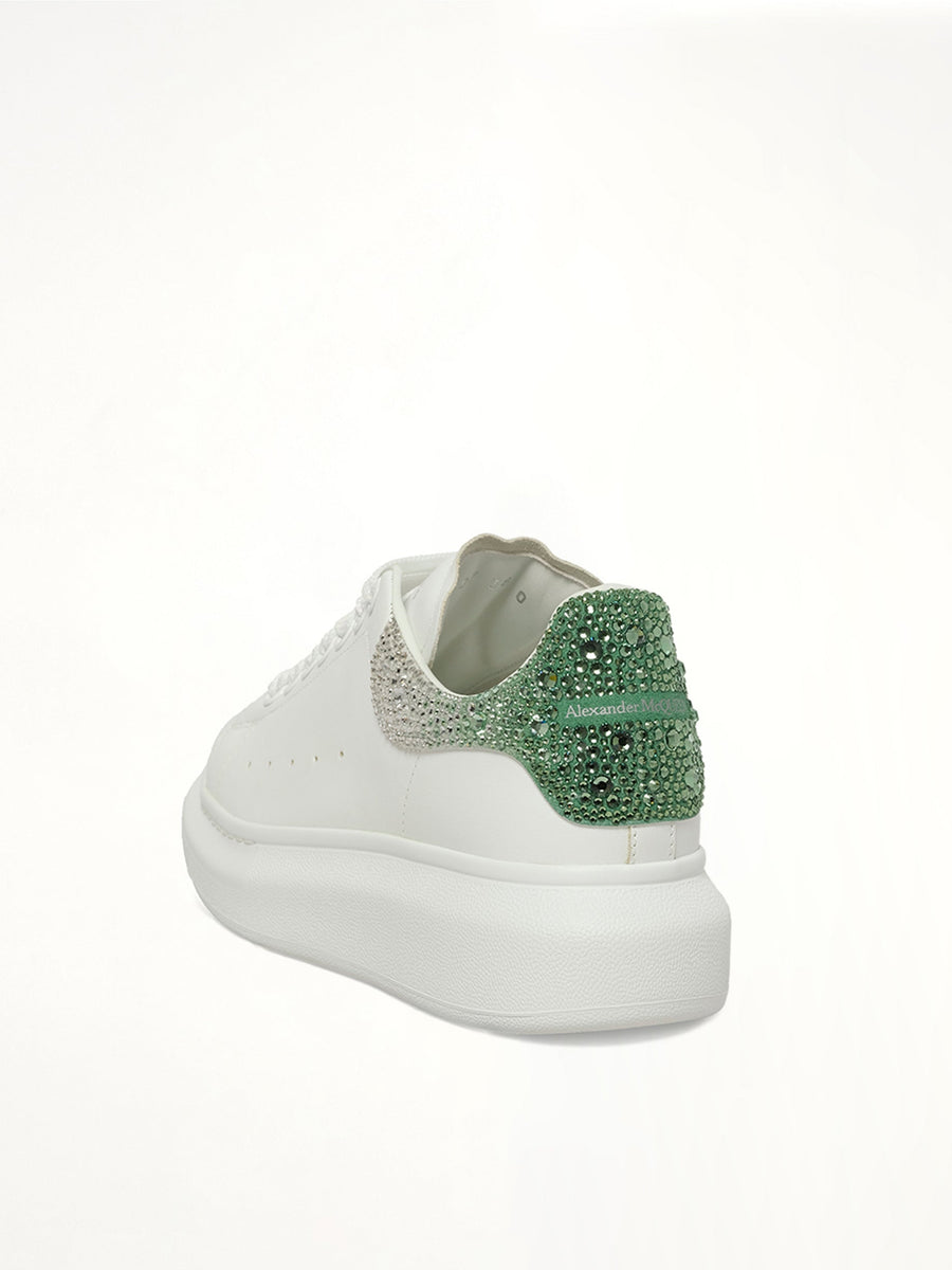 Larry Oversized Heel Sneaker in White/Green Crystal Back View | ALEXANDER MCQUEEN
