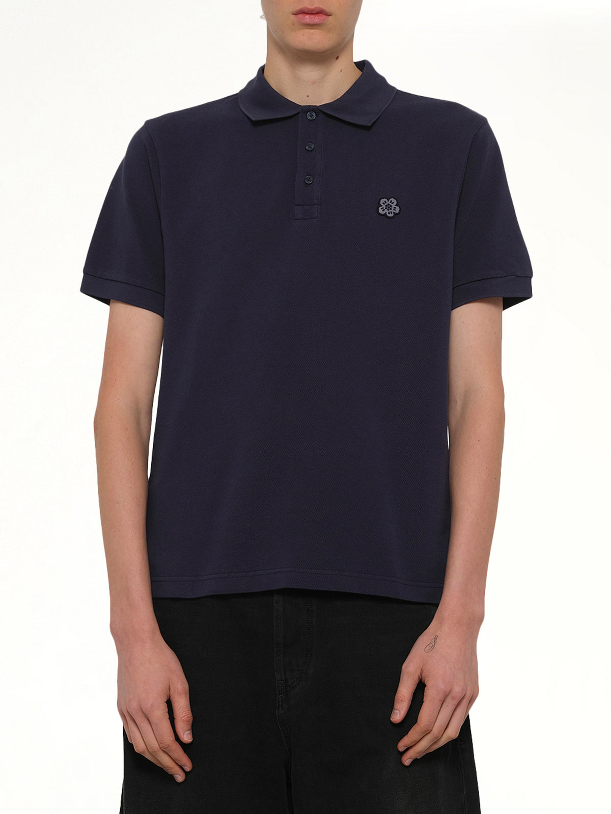 Gots Boke Flower Embroidered Slim Polo in Navy Blue NAVY / S