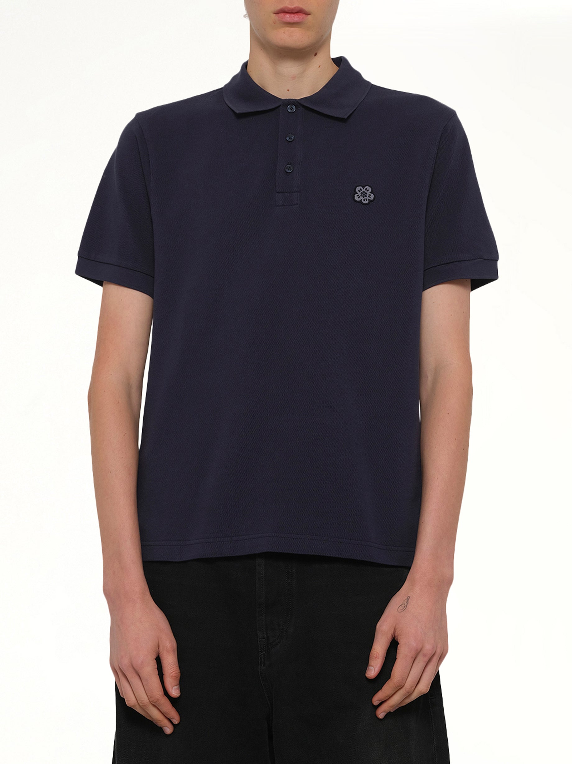 Gots Boke Flower Embroidered Slim Polo in Navy Blue NAVY / S