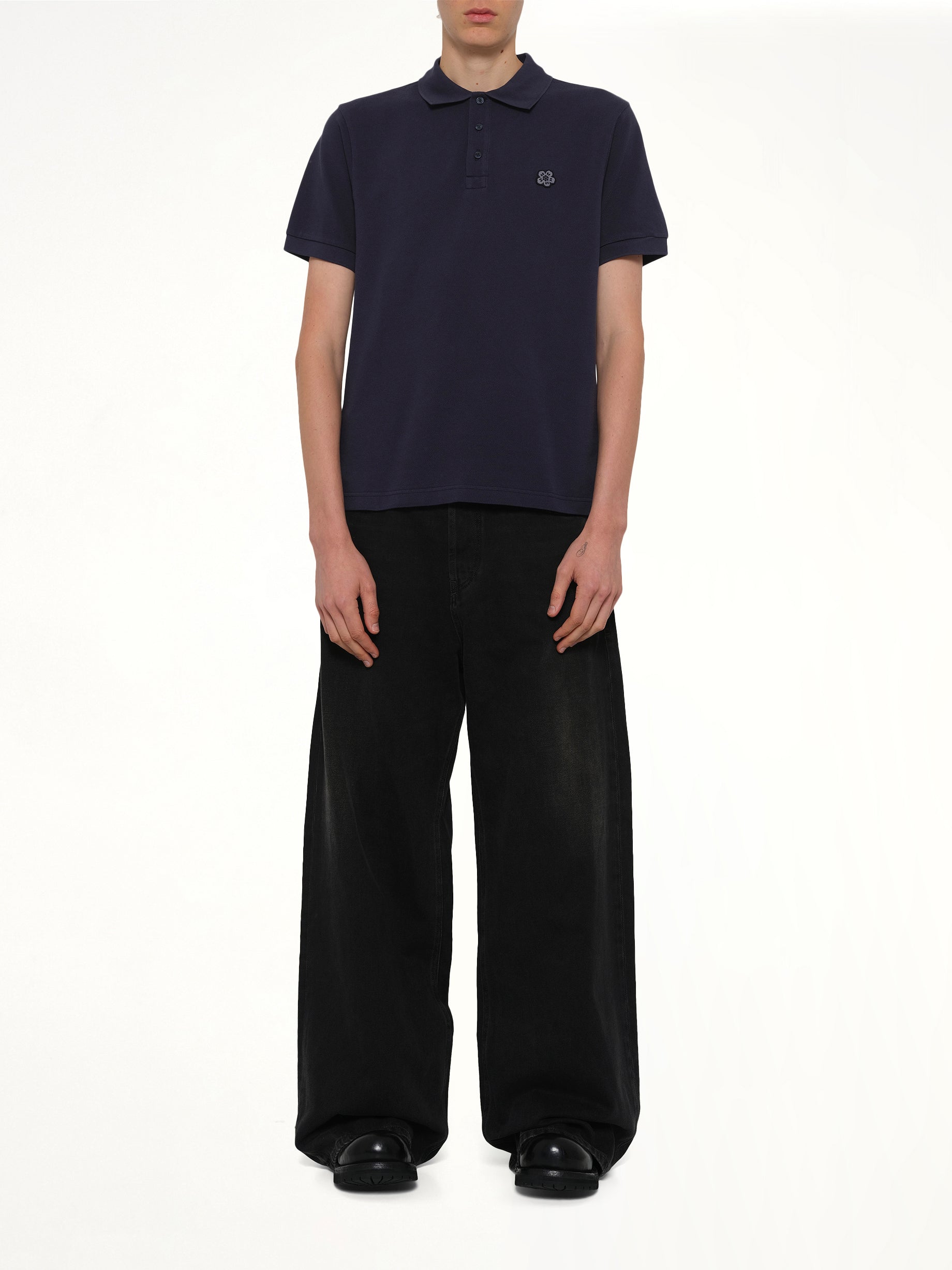Gots Boke Flower Embroidered Slim Polo in Navy Blue