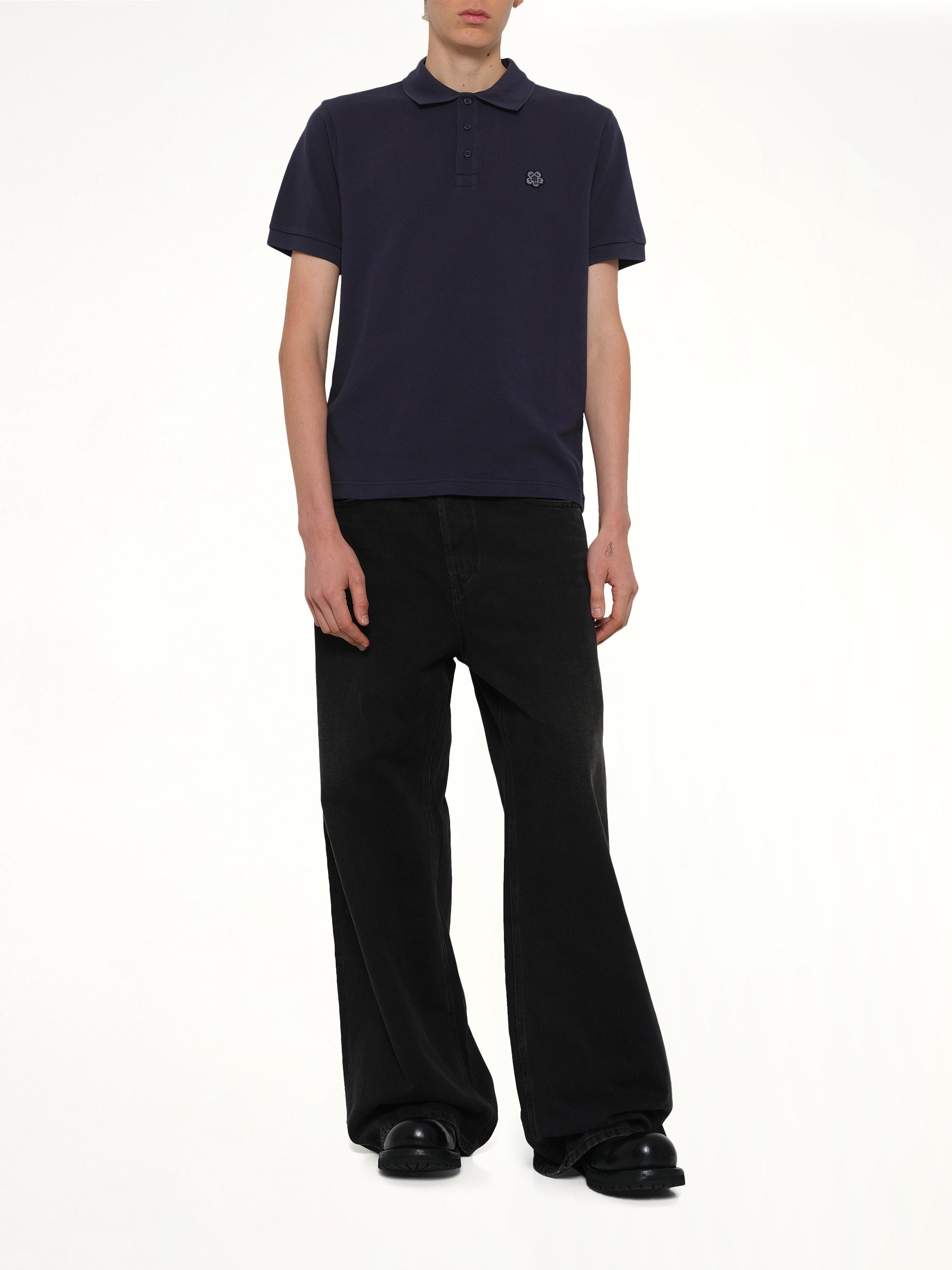 Gots Boke Flower Embroidered Slim Polo in Navy Blue