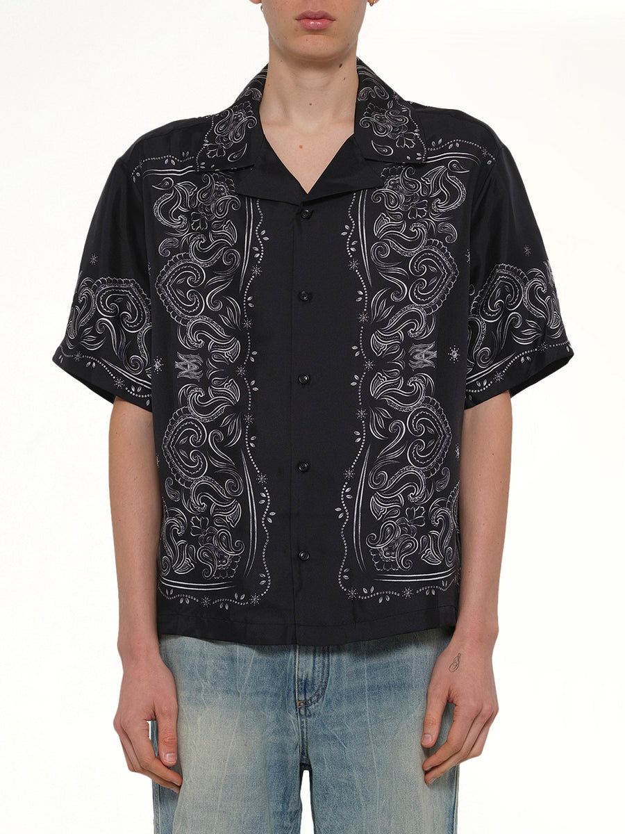 Bandana Paint Oversized Bowling Shirt in Black