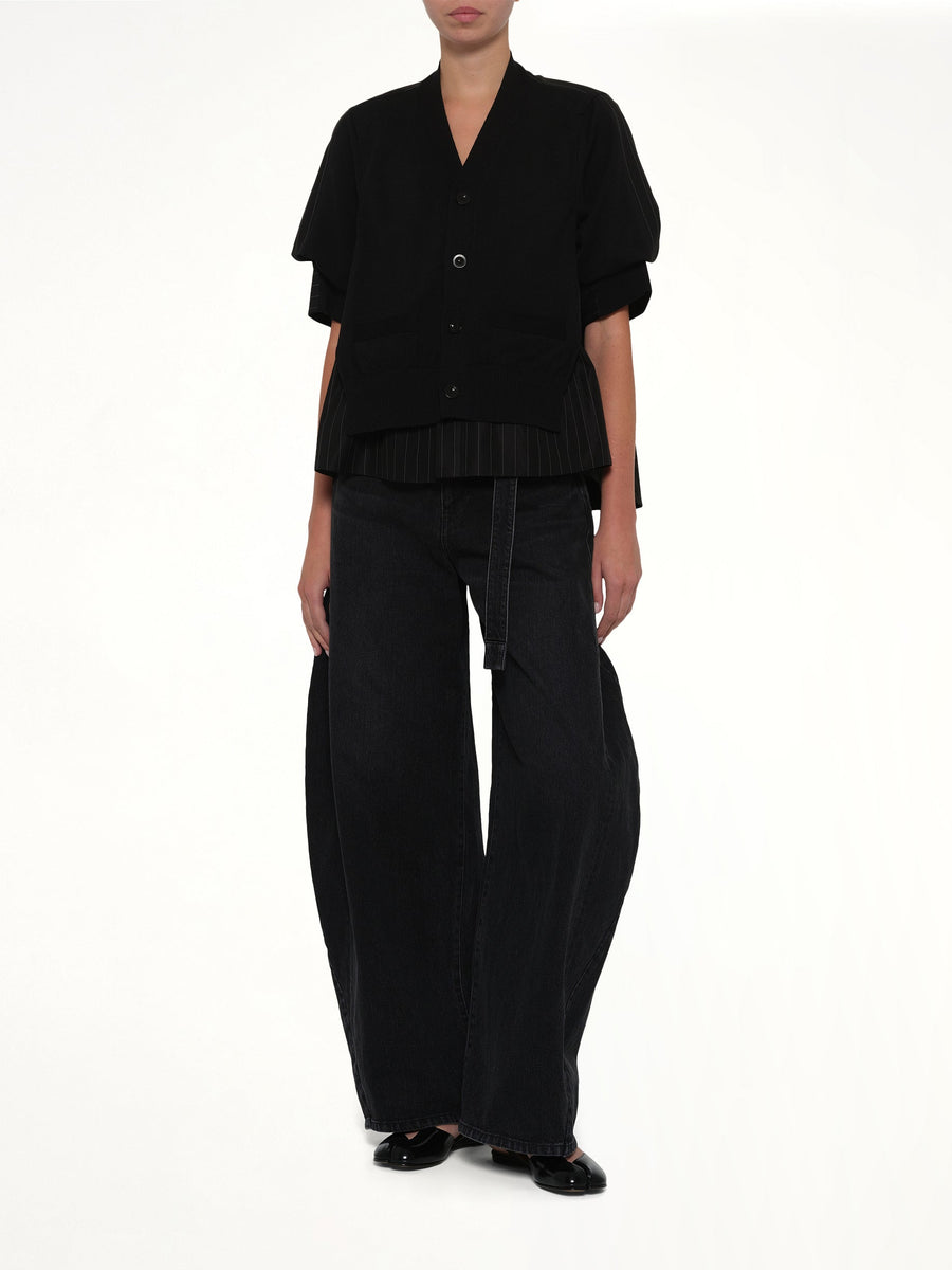 Chalk Stripe x Cotton Knit Cardigan in Black