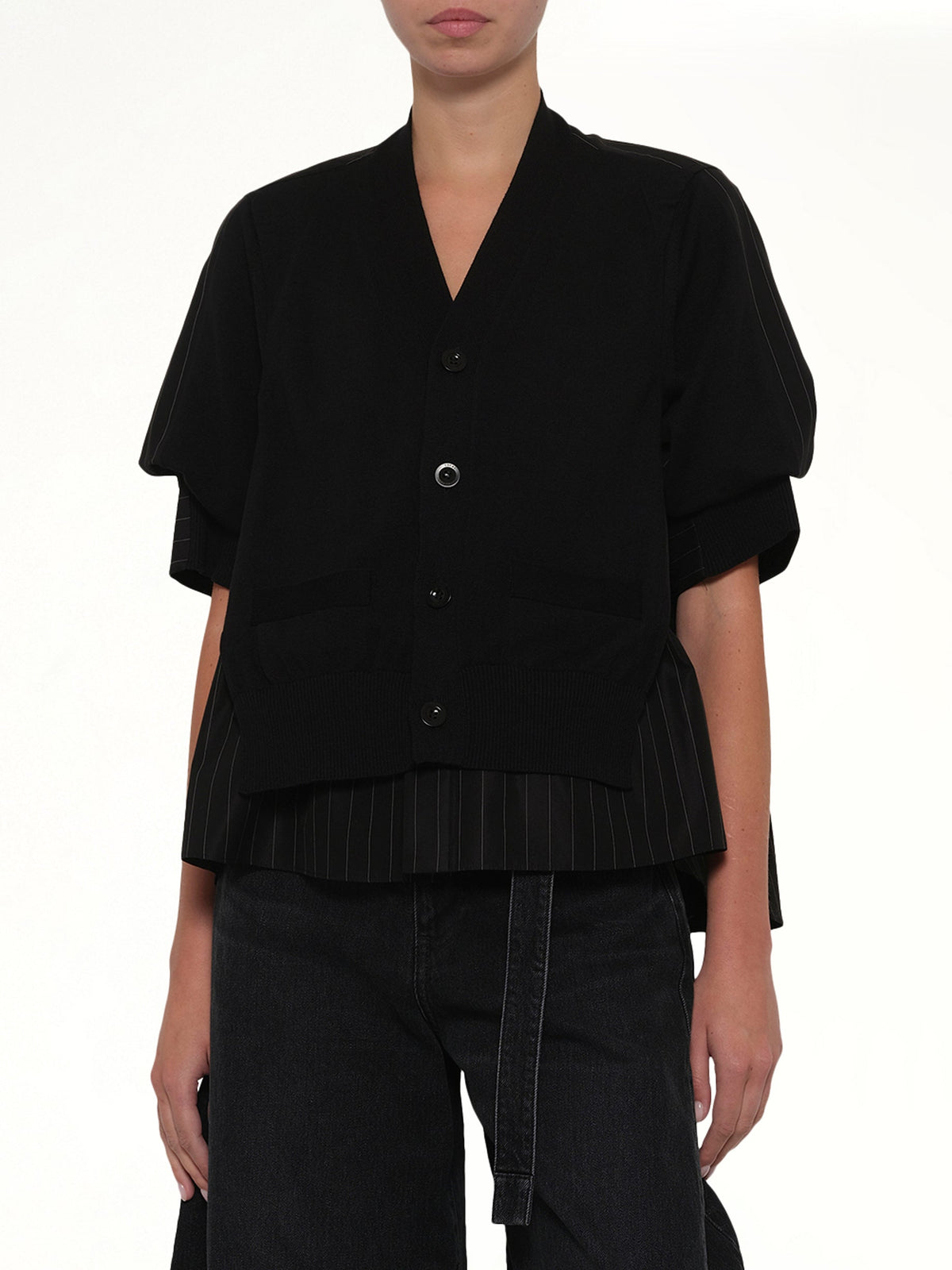 Chalk Stripe x Cotton Knit Cardigan in Black
