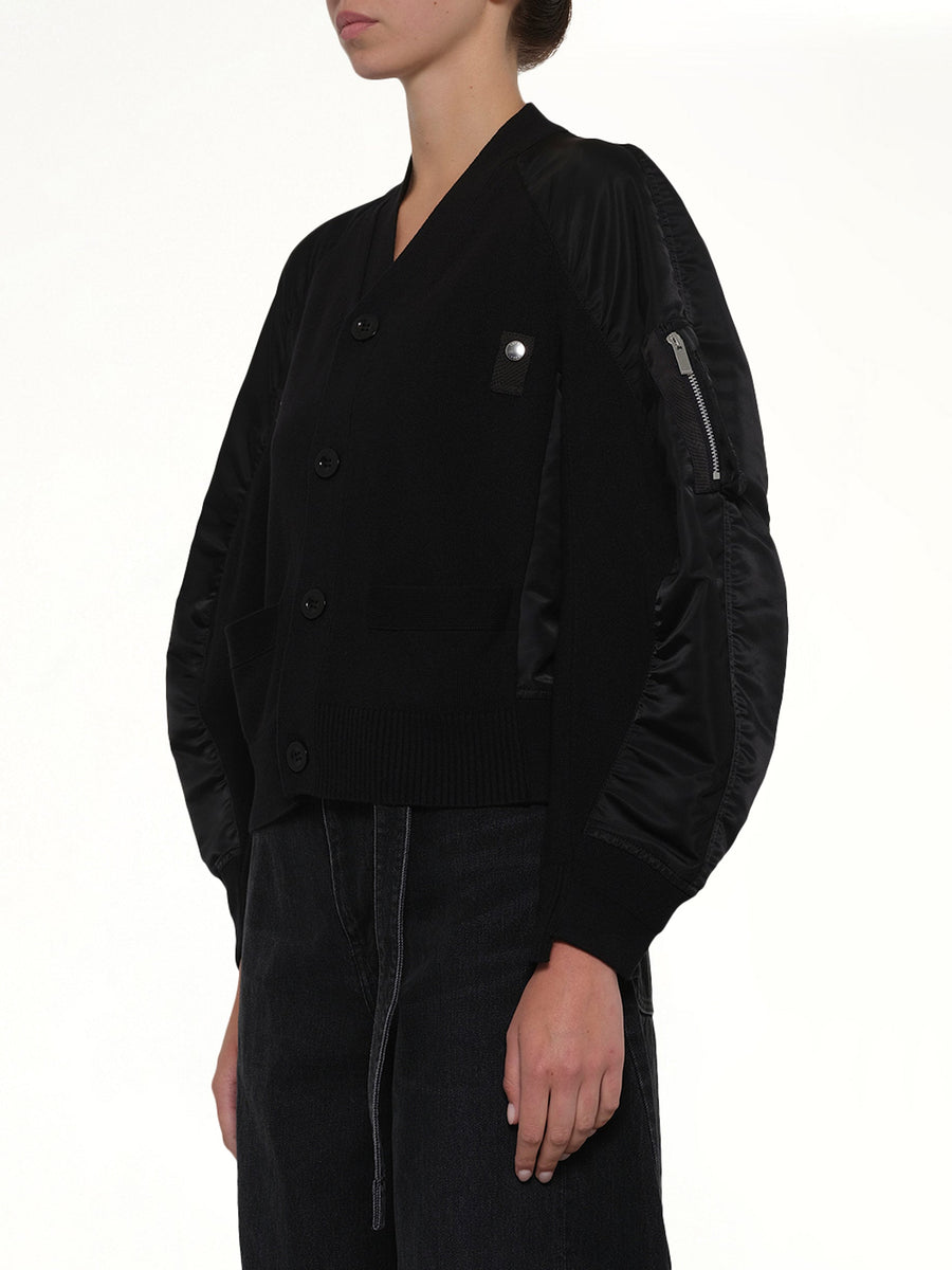 Nylon Twill x Knit Cardigan in Black