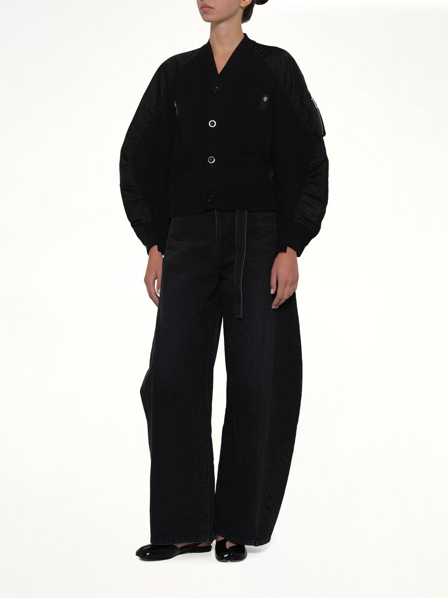 Nylon Twill x Knit Cardigan in Black