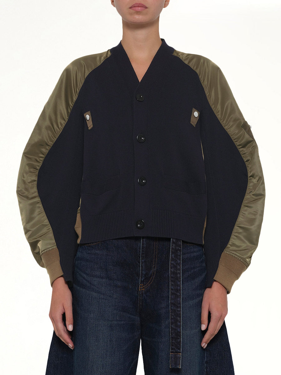 Nylon Twill x Knit Cardigan in Navy/Dark Khaki