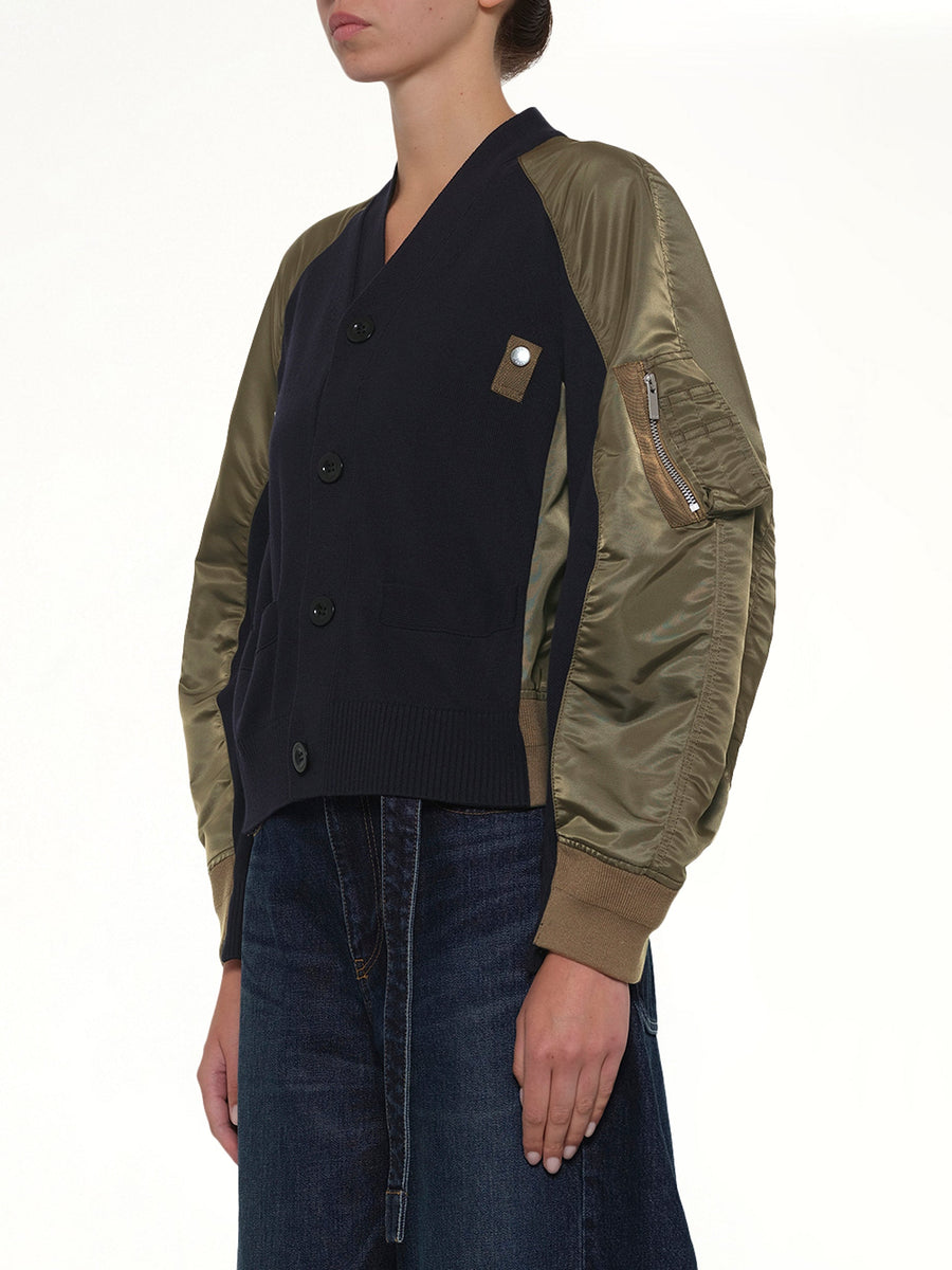Nylon Twill x Knit Cardigan in Navy/Dark Khaki