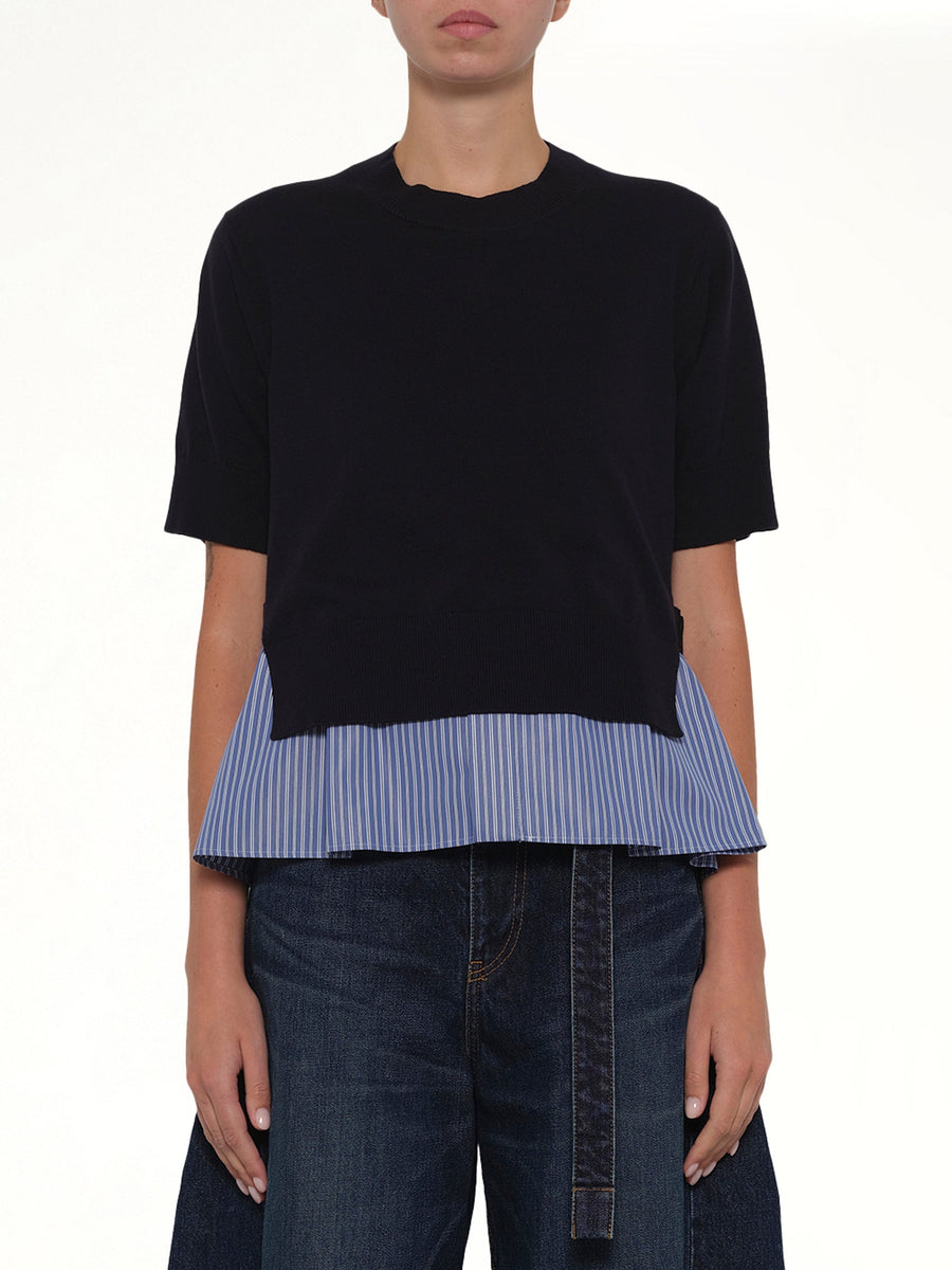 Poplin x Cotton Knit Pullover in Navy