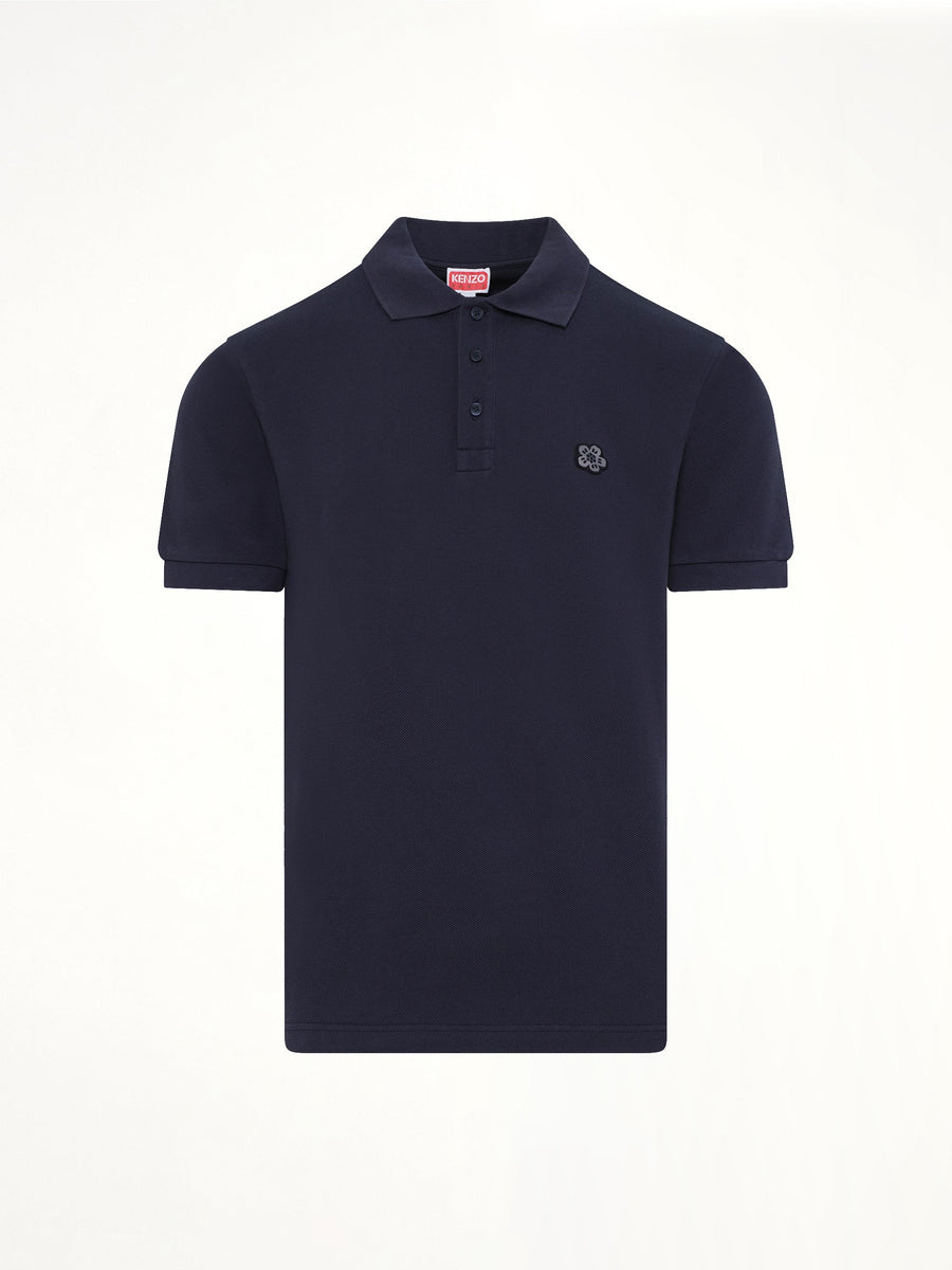 Gots Boke Flower Embroidered Slim Polo in Navy Blue