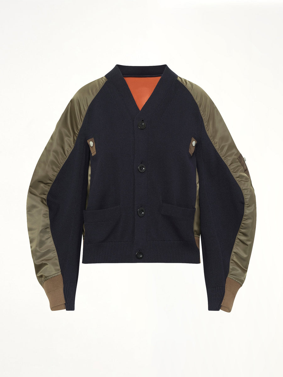 Nylon Twill x Knit Cardigan in Navy/Dark Khaki
