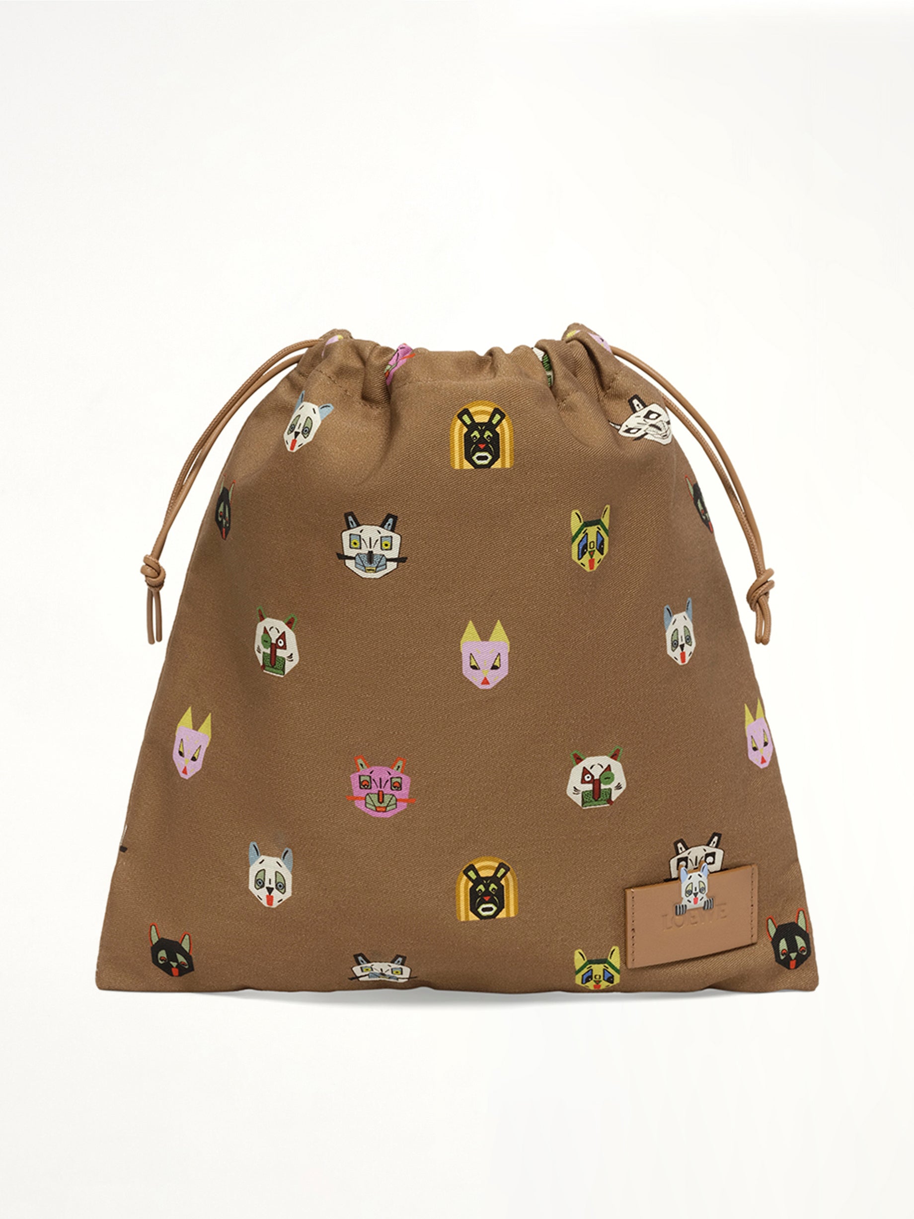 Drawstring Pouch Cats in Mocha