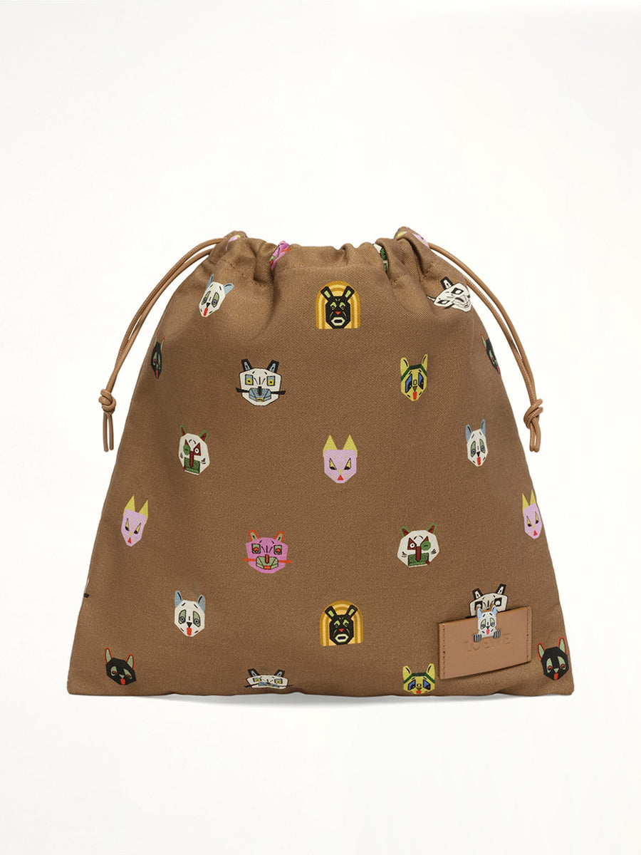 Drawstring Pouch Cats in Mocha