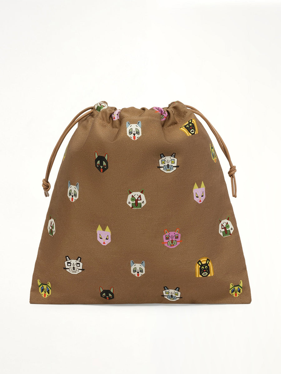 Drawstring Pouch Cats in Mocha