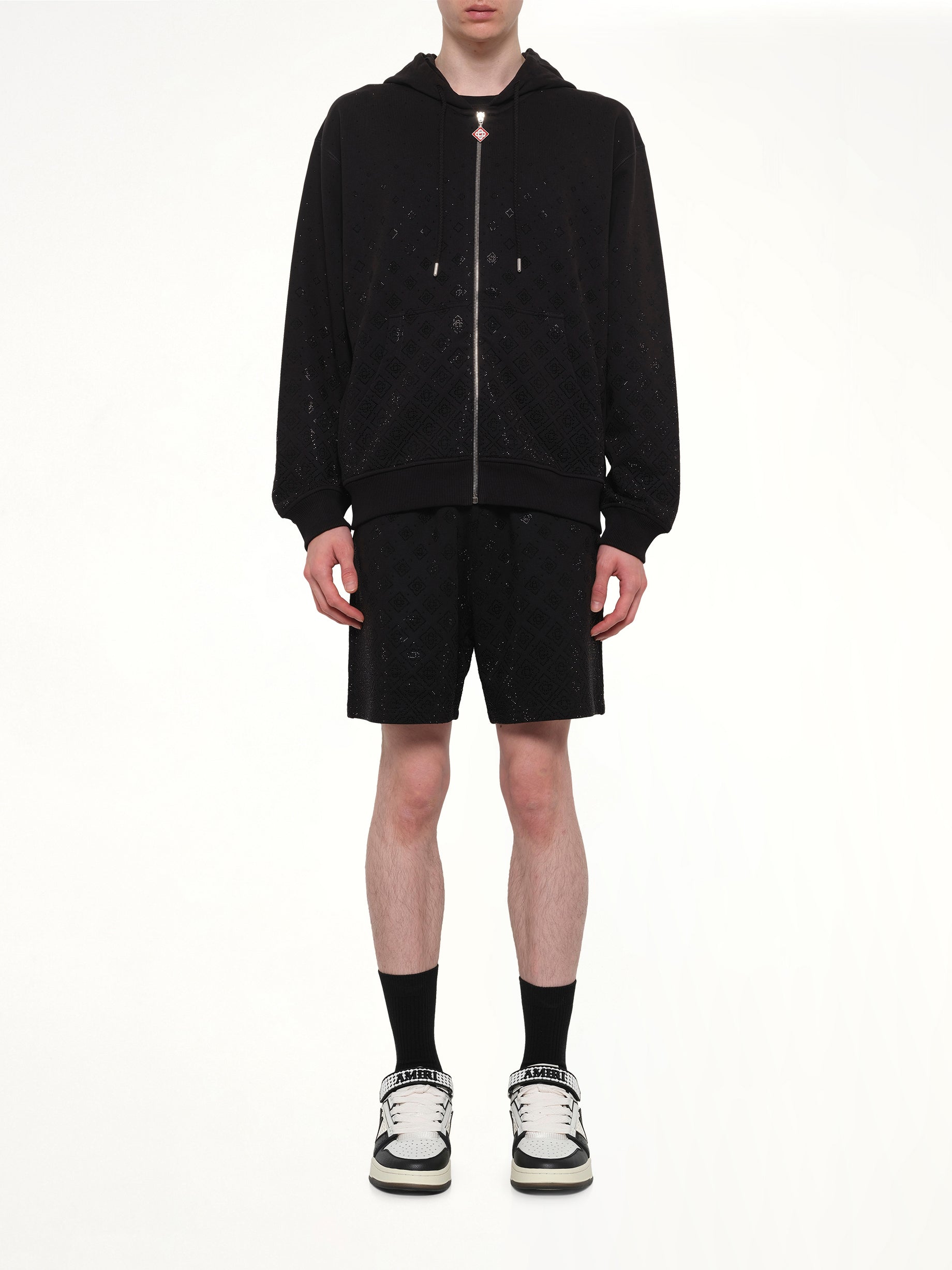 Crystal Monogram Zip-Up Hoodie in Black