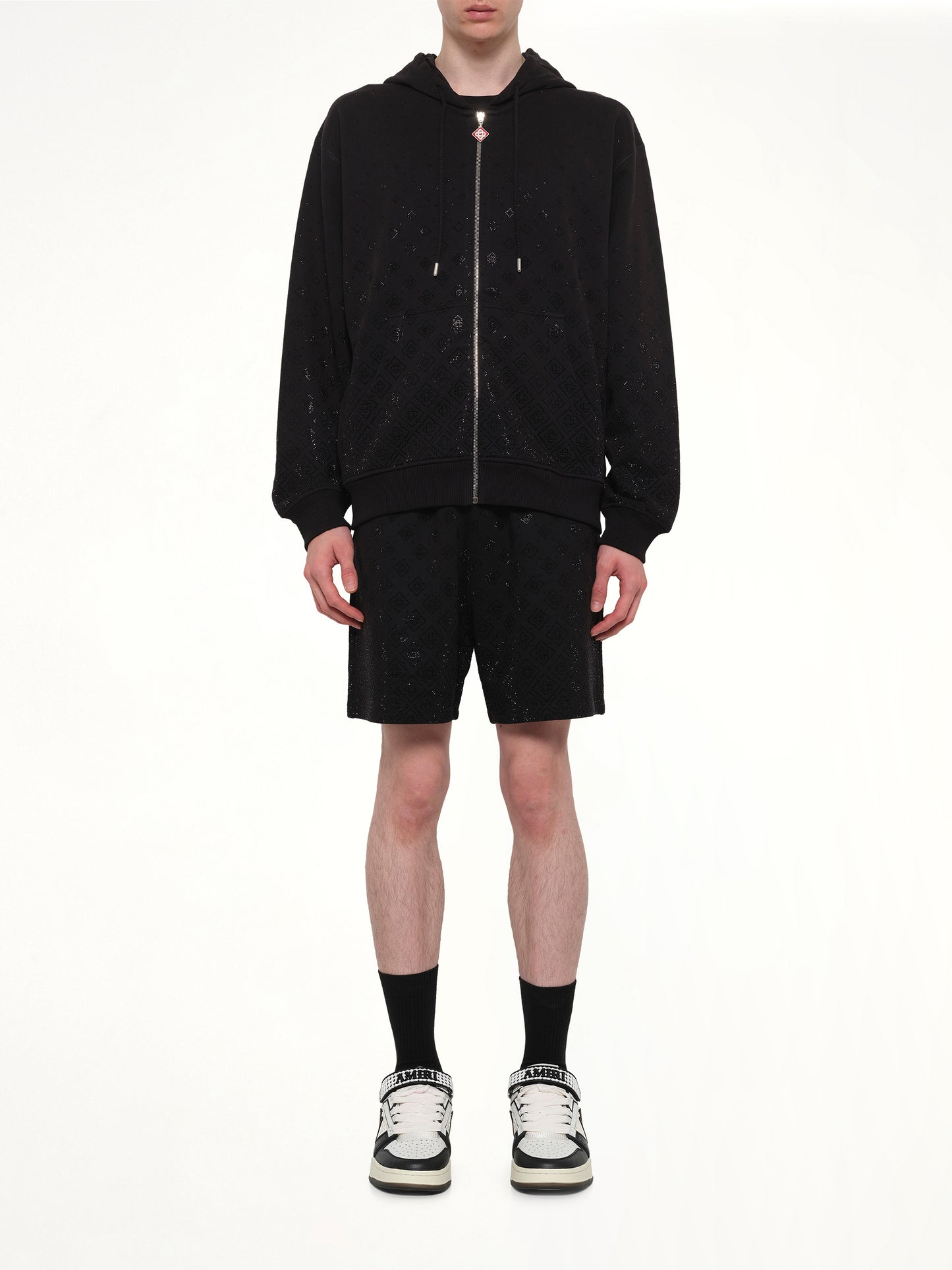 Crystal Monogram Zip-Up Hoodie in Black