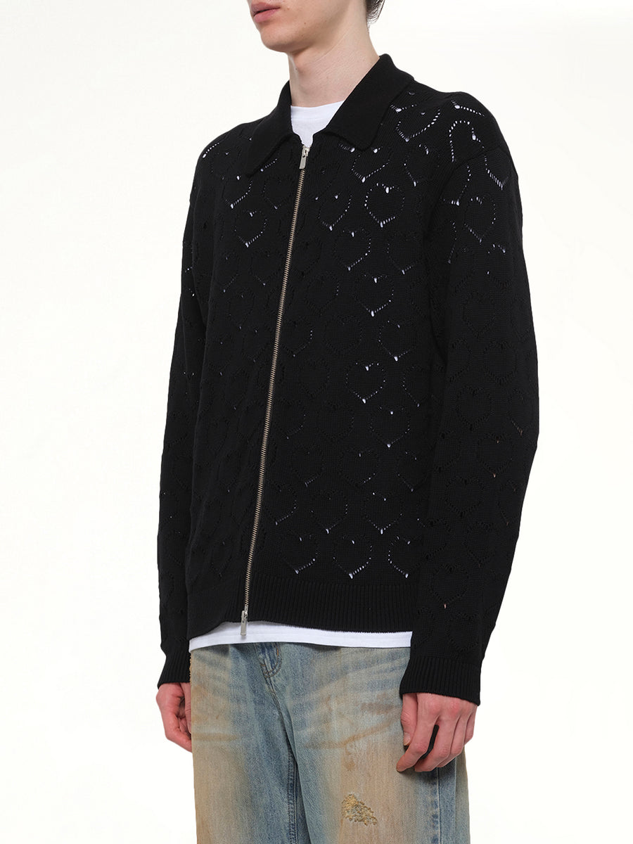 Eyelet Knitted Zip Up in Black