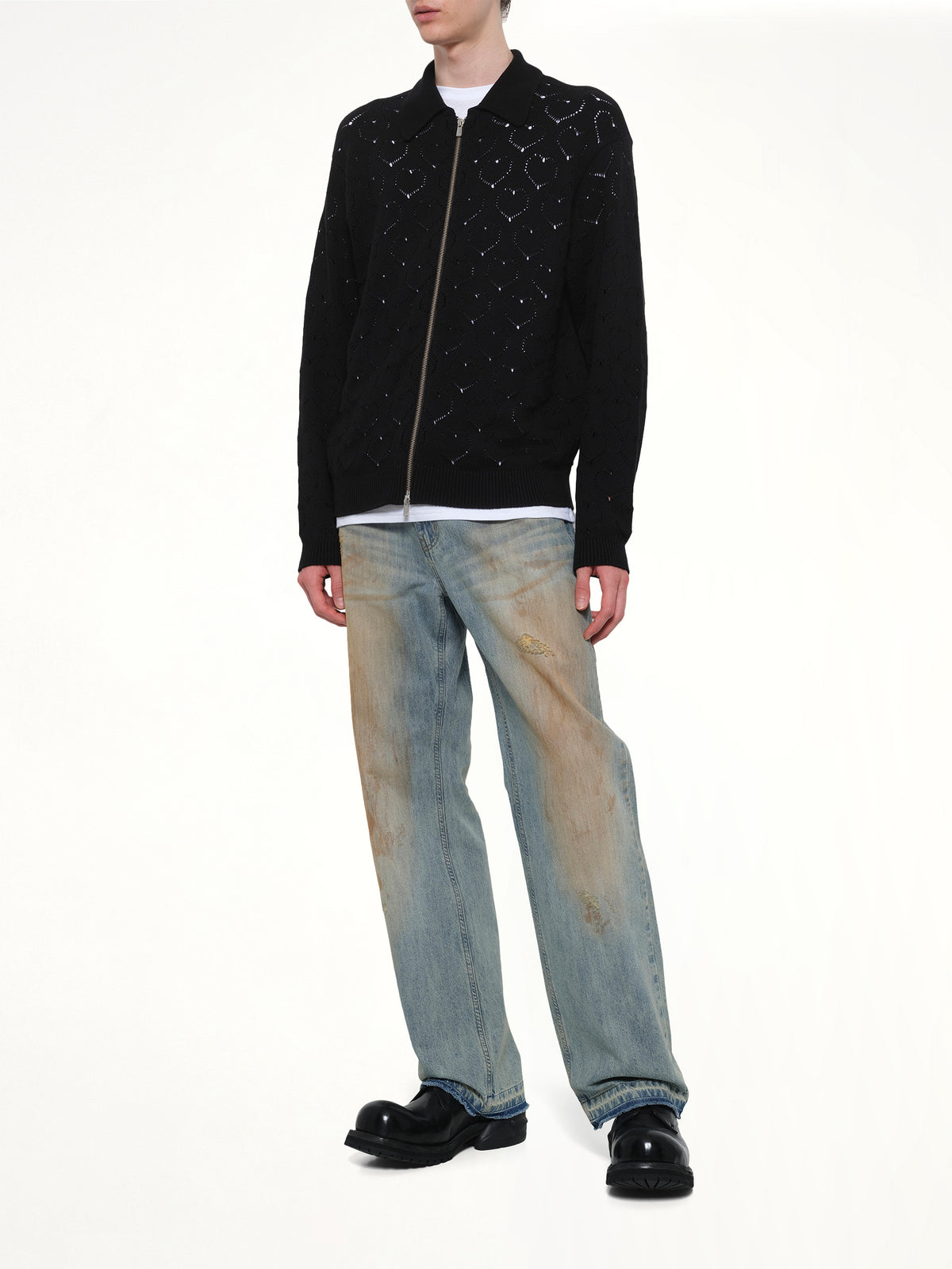 Eyelet Knitted Zip Up in Black