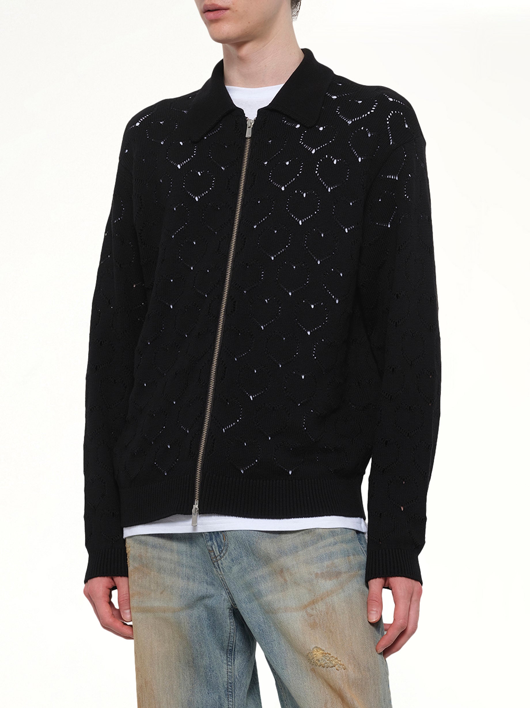 Eyelet Knitted Zip Up in Black