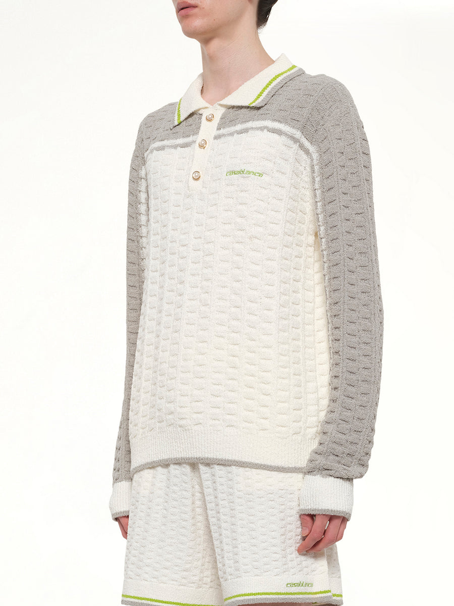 Tennis Boucle Long Sleeve Polo Shirt in White