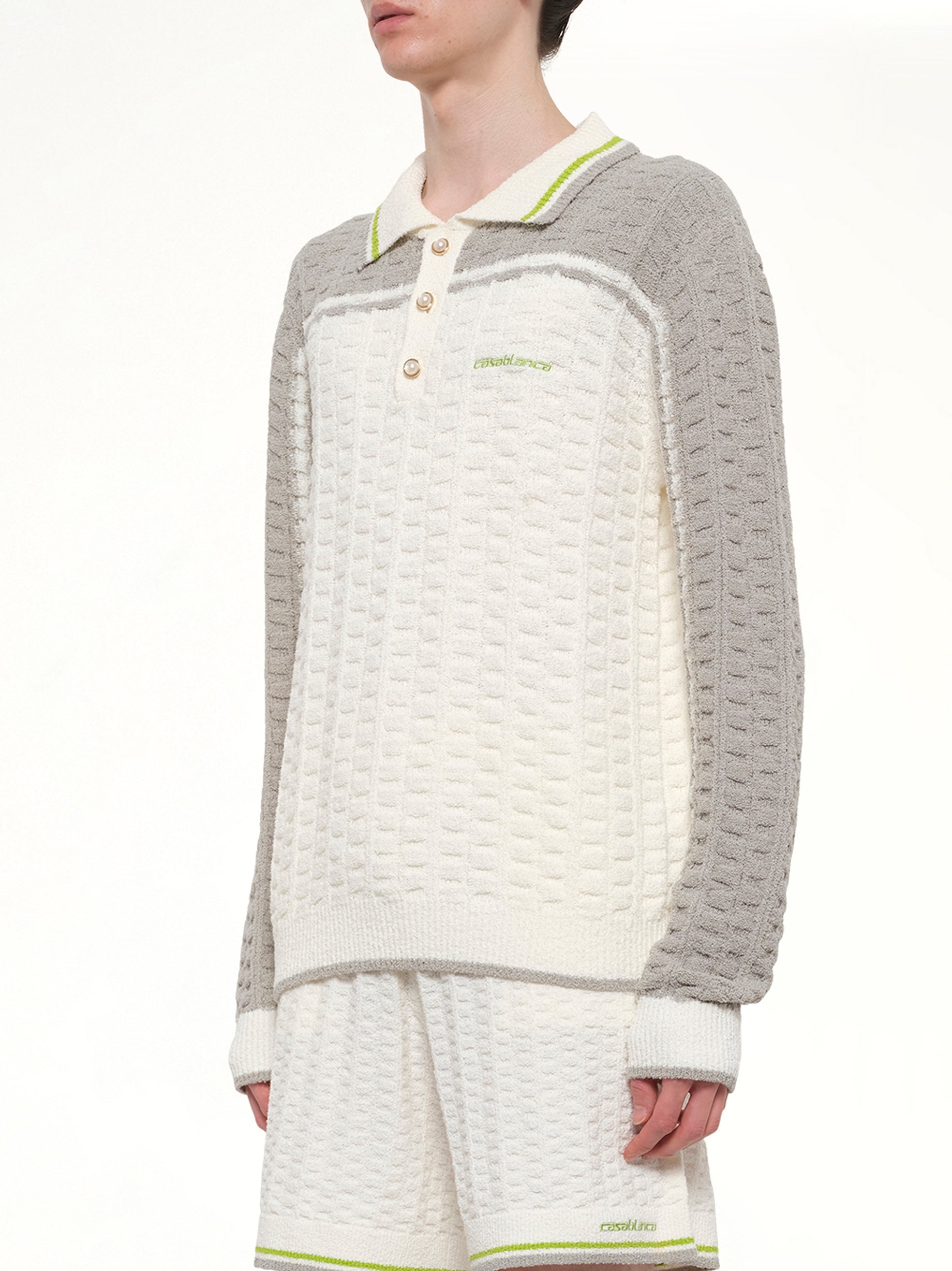 Tennis Boucle Long Sleeve Polo Shirt in White