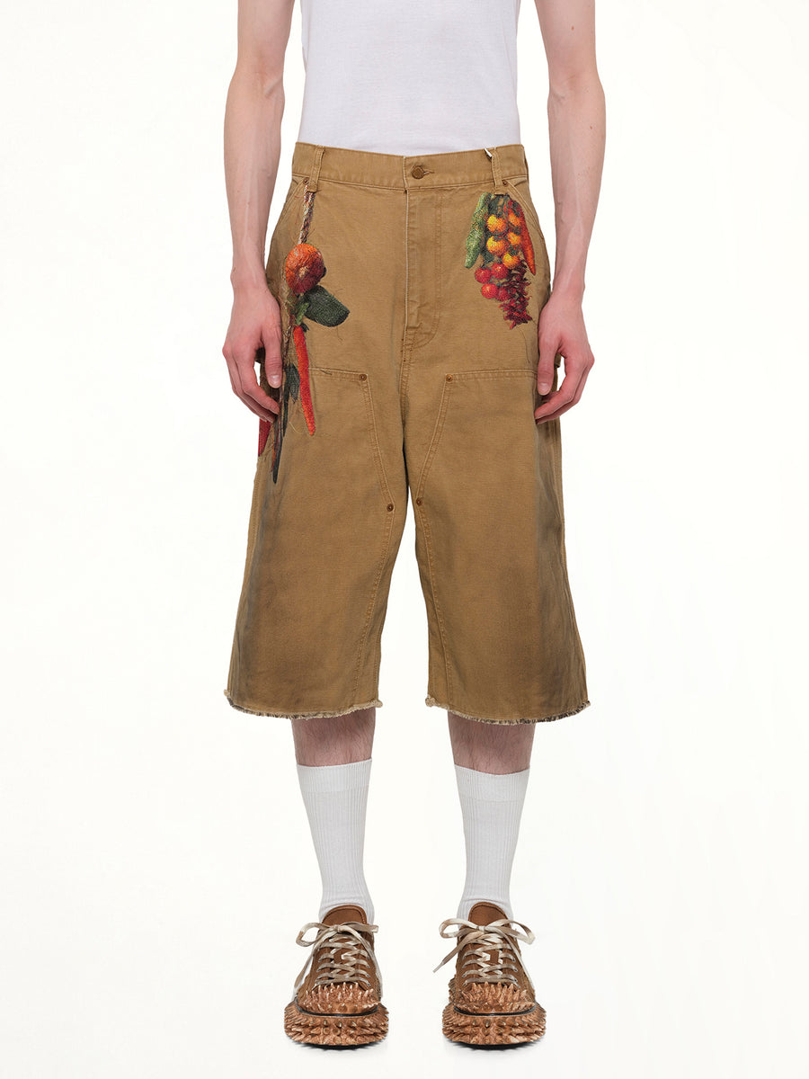 Vegetable Embroidery Cut-Off Pants in Beige