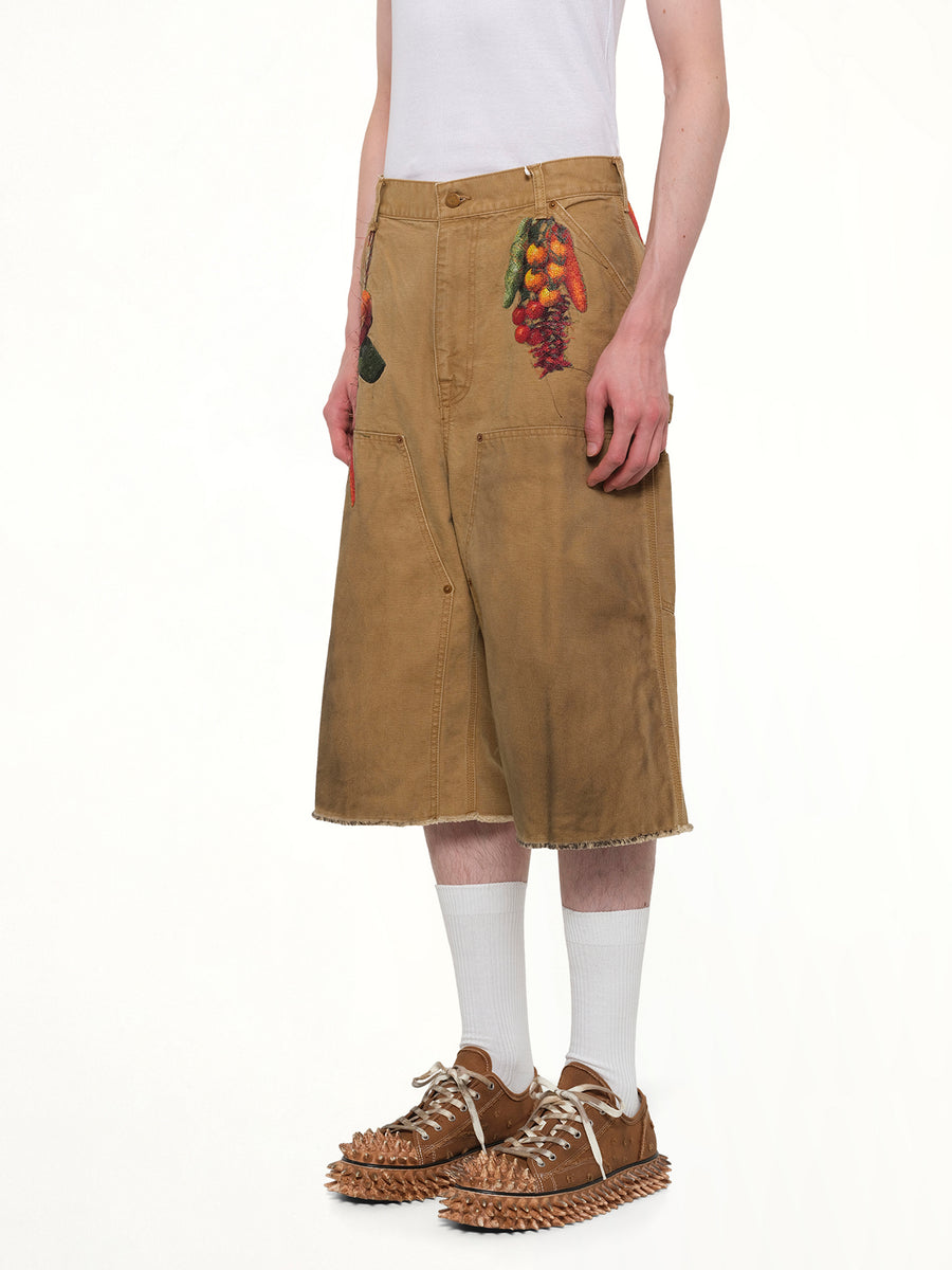 Vegetable Embroidery Cut-Off Pants in Beige