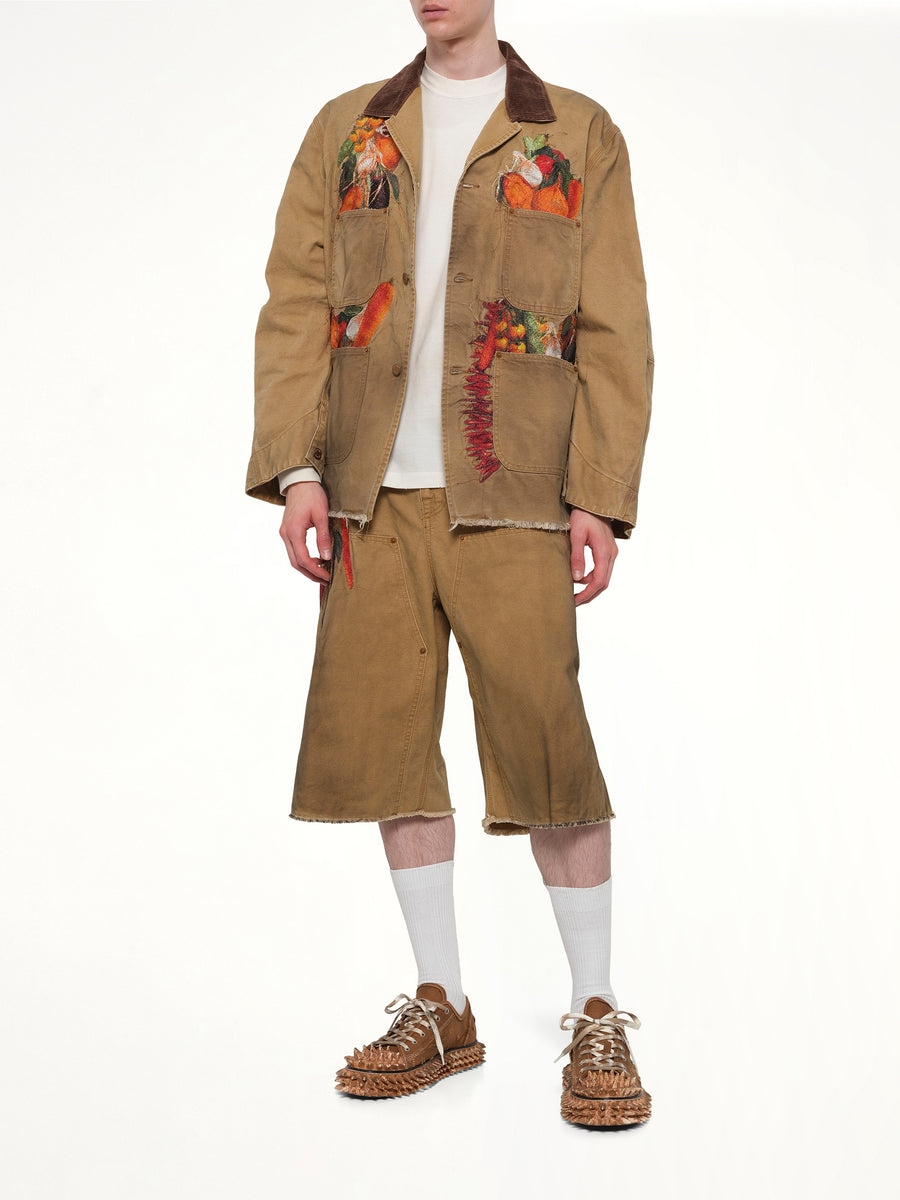 Vegetable Embroidery Cut-Off Pants in Beige