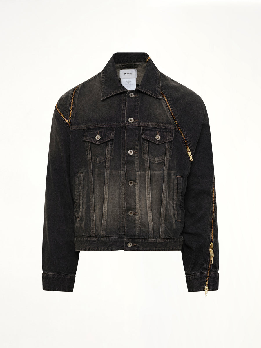 Filleted Zip Denim Jacket in Black