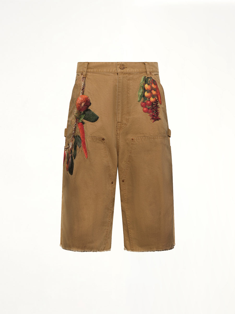 Vegetable Embroidery Cut-Off Pants in Beige