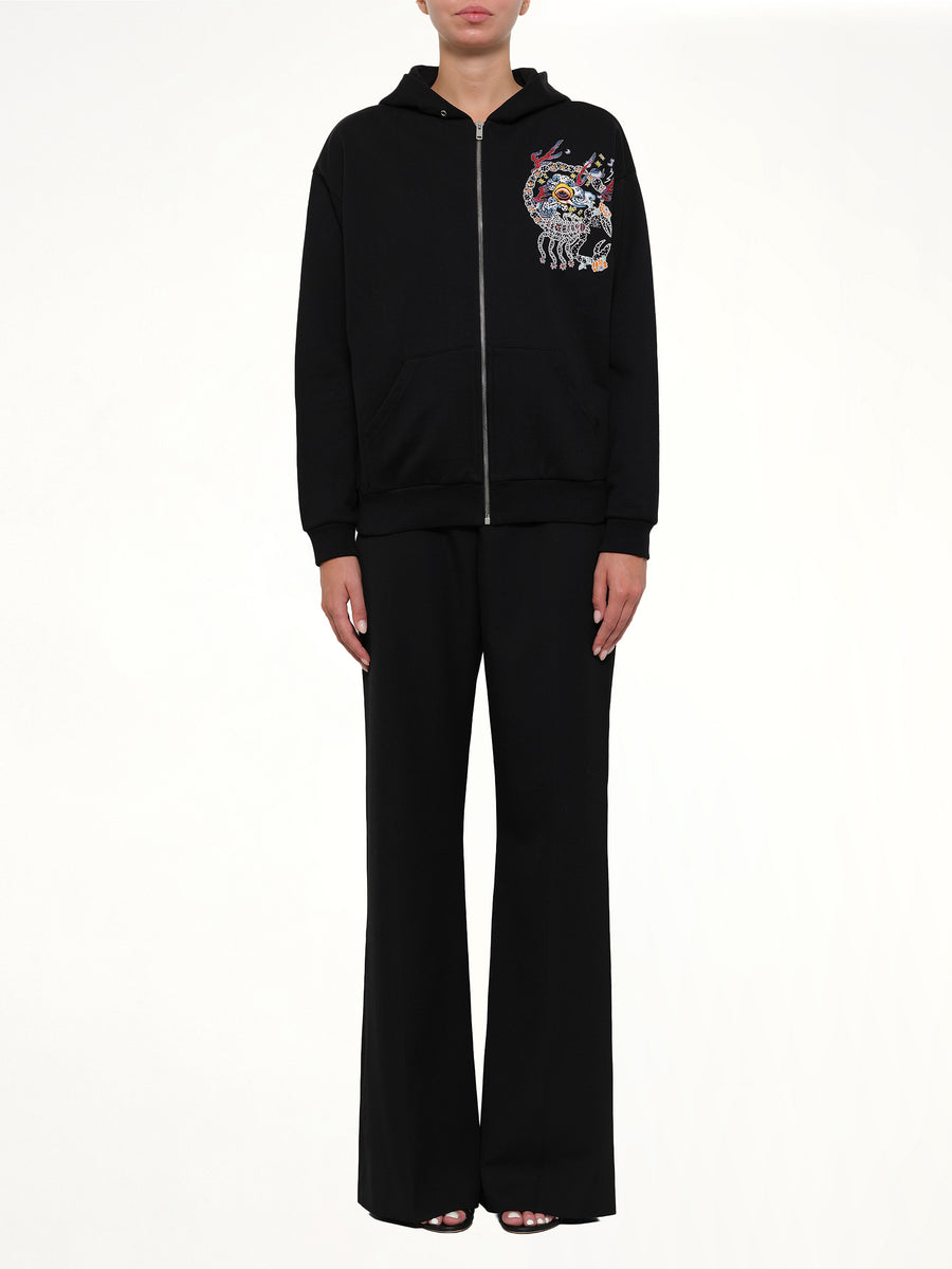 Embroidered Zip Hoodie in Black