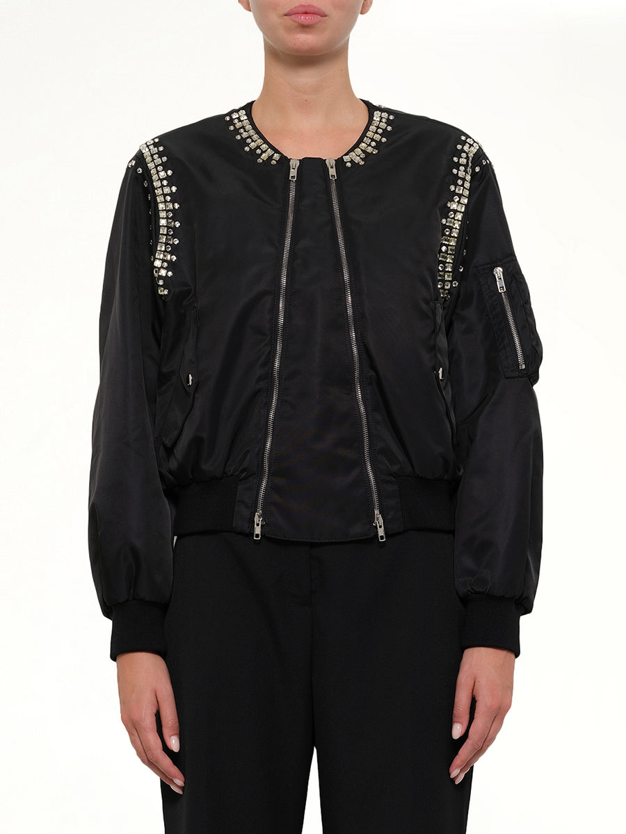 Rhinestone Embroidered Bomber Jacket in Black