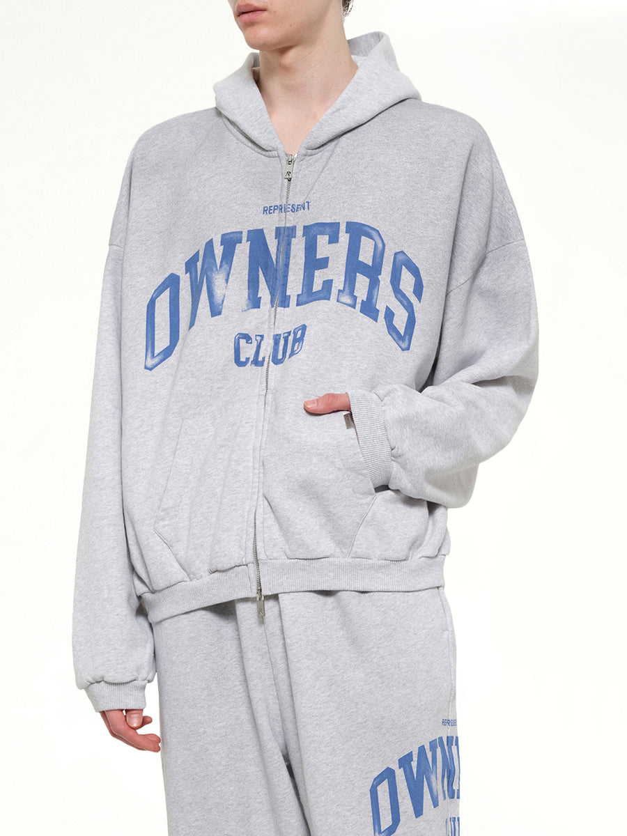 Represent Owners Club Zip Through Hoodie in Sprayed Ice Grey Marl