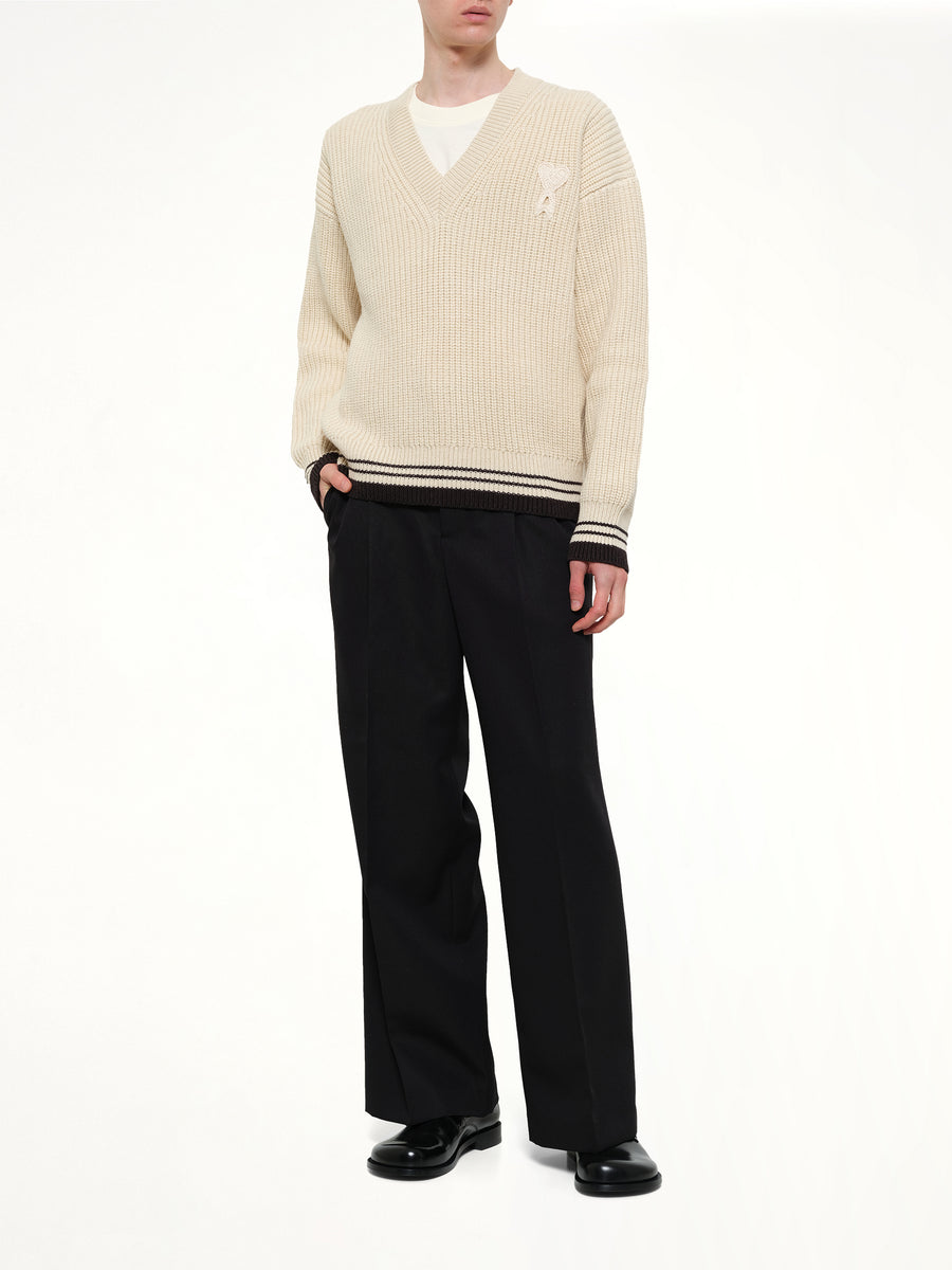 Ami De Coeur V Neck College Sweater in Off White