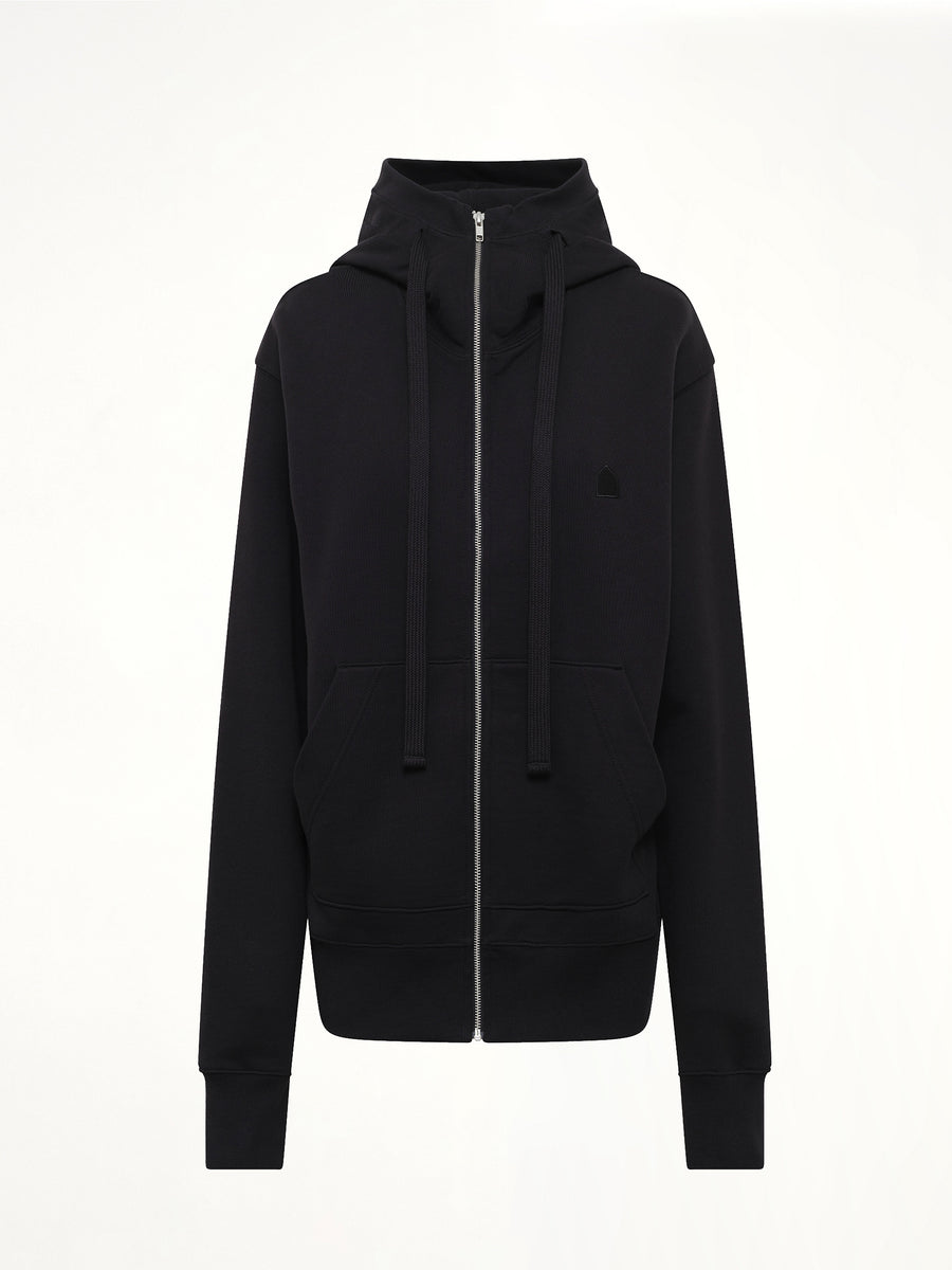 Hut Embroidery Zipped Knit Hoodie in Black