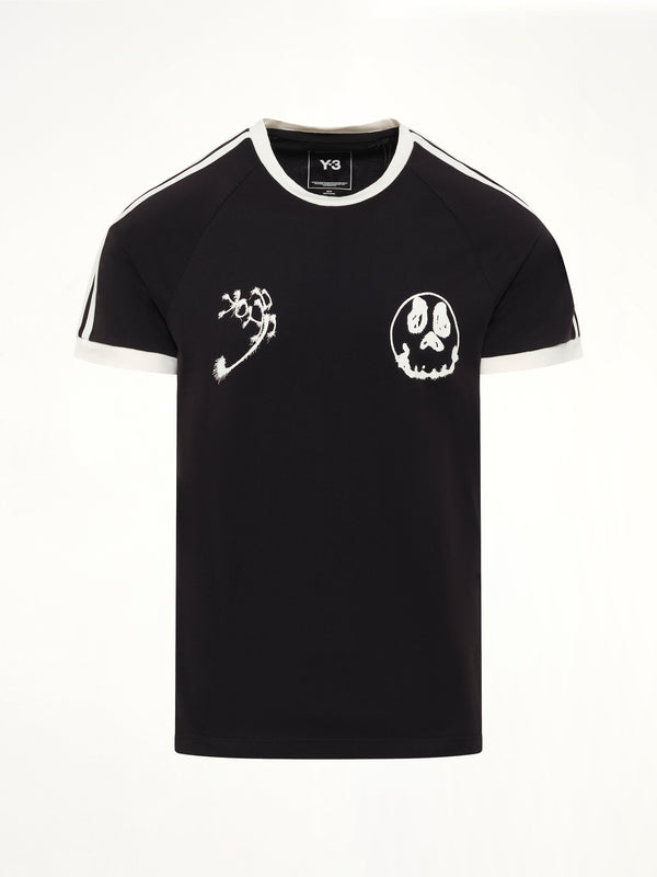 Skull Graphic 3 Stripe T-Shirt in Black