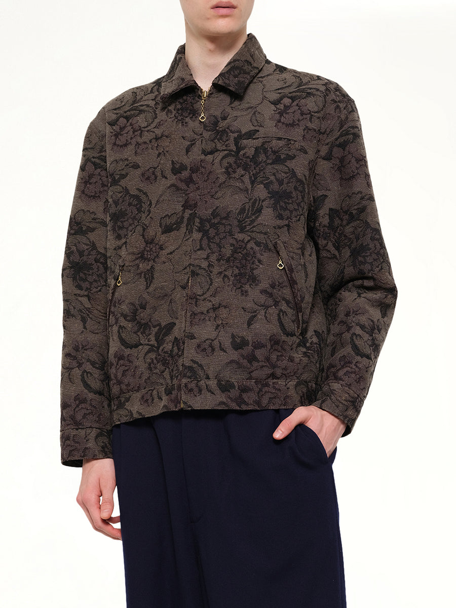 Flower Zip Up Jacket in Dark Khaki