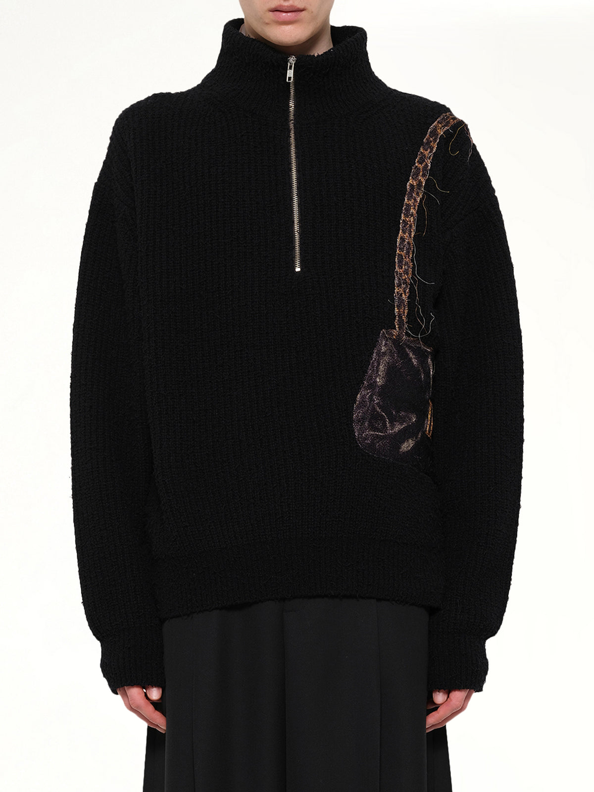 Trompe L’Oeil Embroidery Half Zip Knit in Black