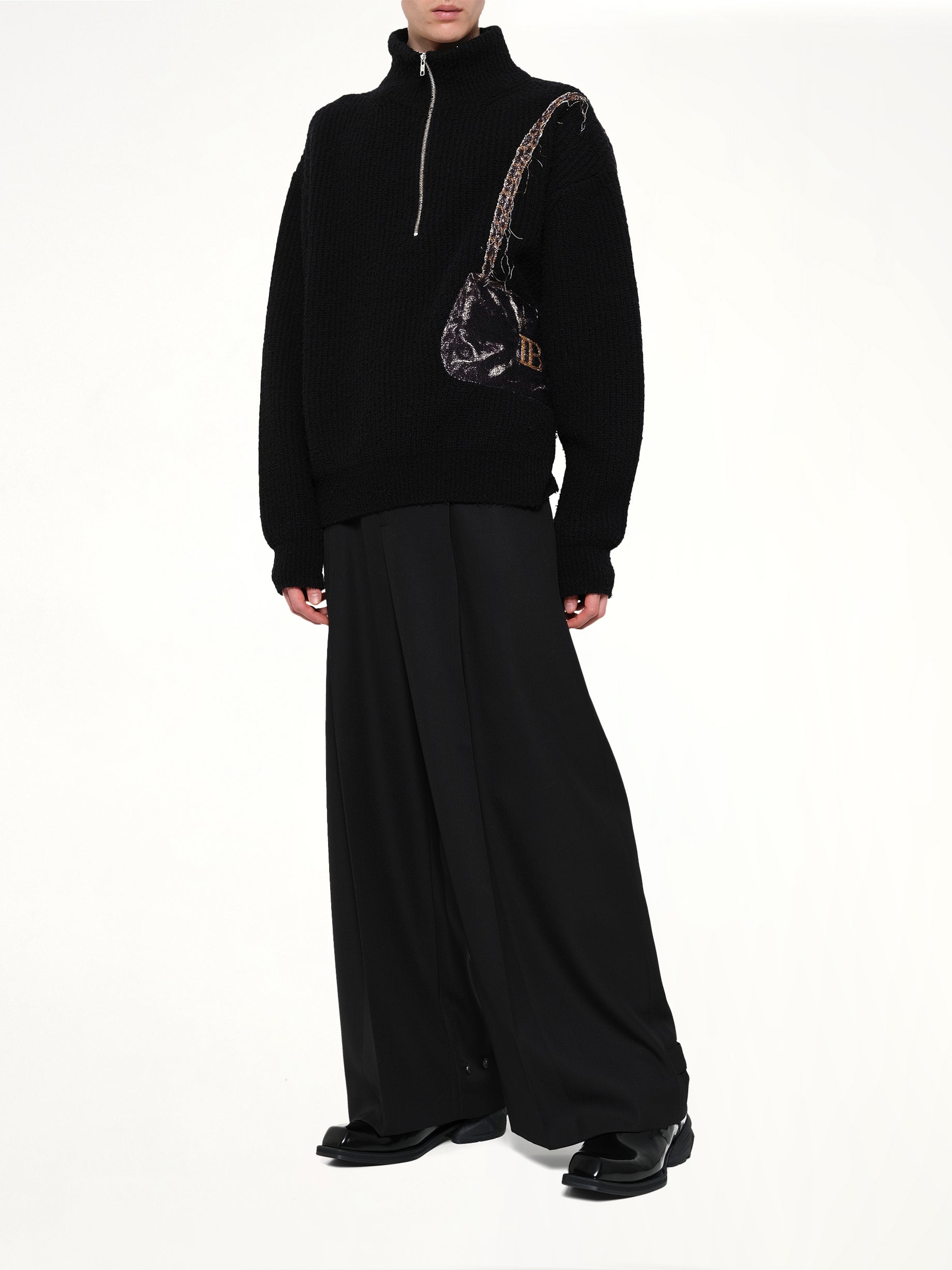 Trompe L’Oeil Embroidery Half Zip Knit in Black