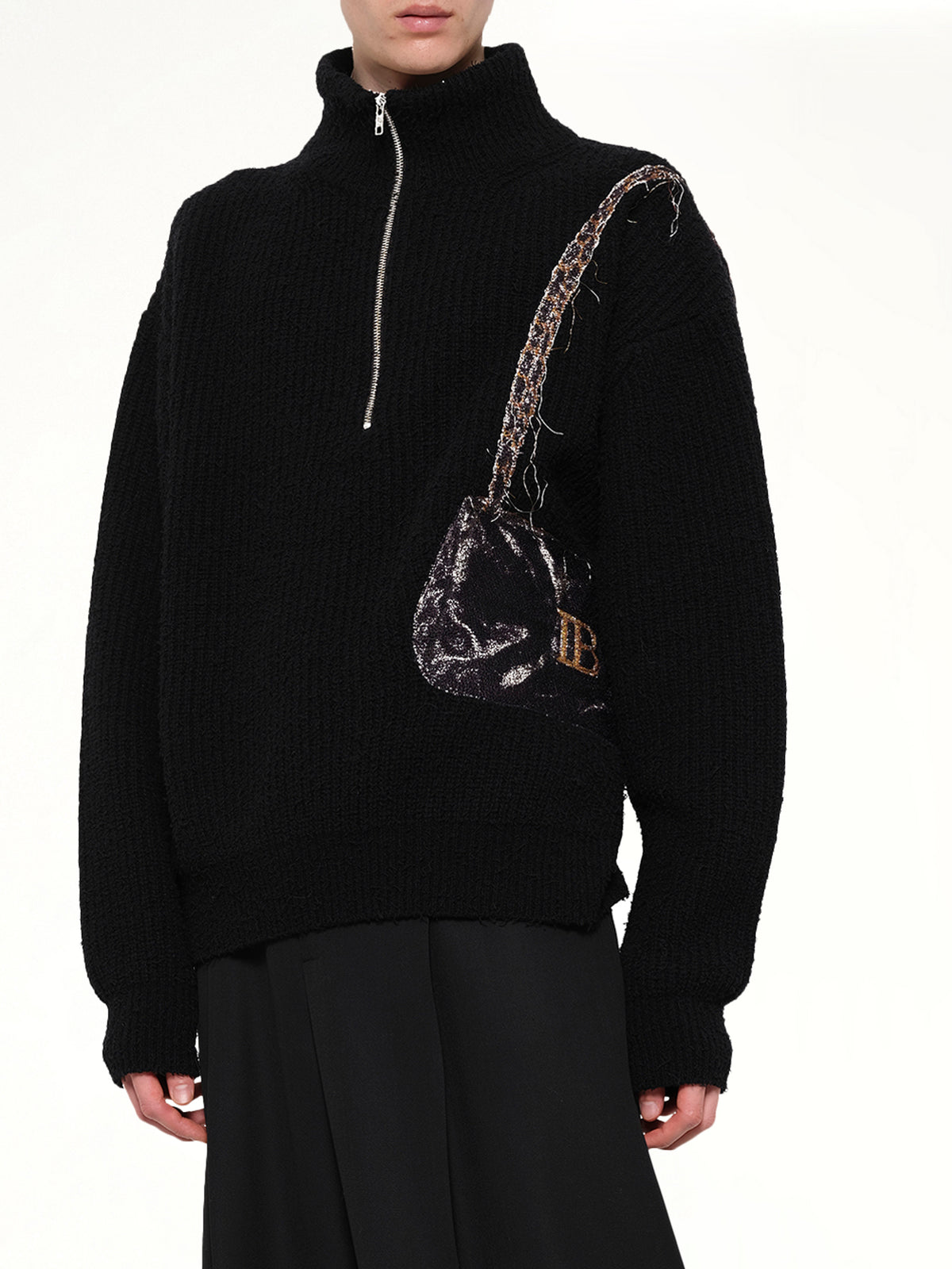 Trompe L’Oeil Embroidery Half Zip Knit in Black