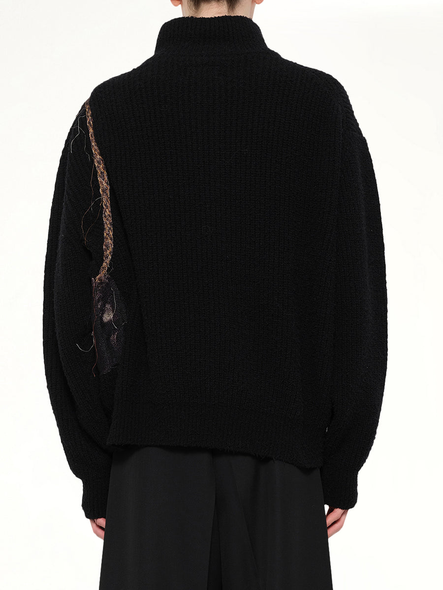 Trompe L’Oeil Embroidery Half Zip Knit in Black