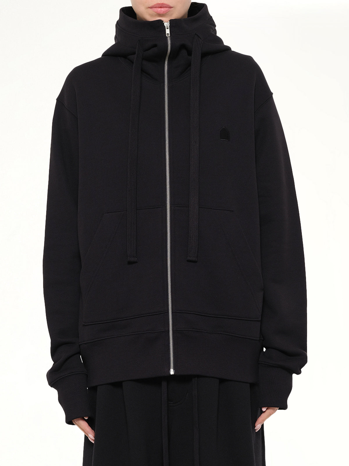 Hut Embroidery Zipped Knit Hoodie in Black