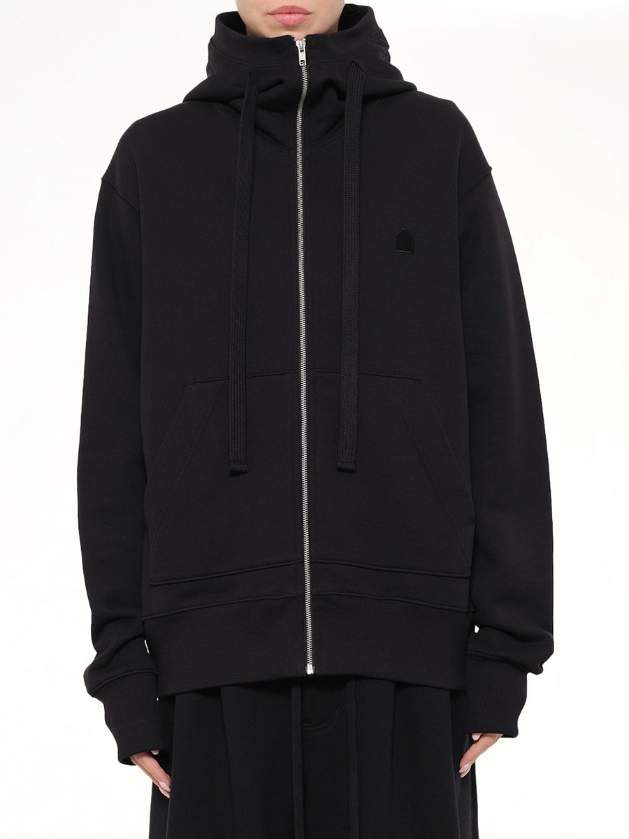 Hut Embroidery Zipped Knit Hoodie in Black