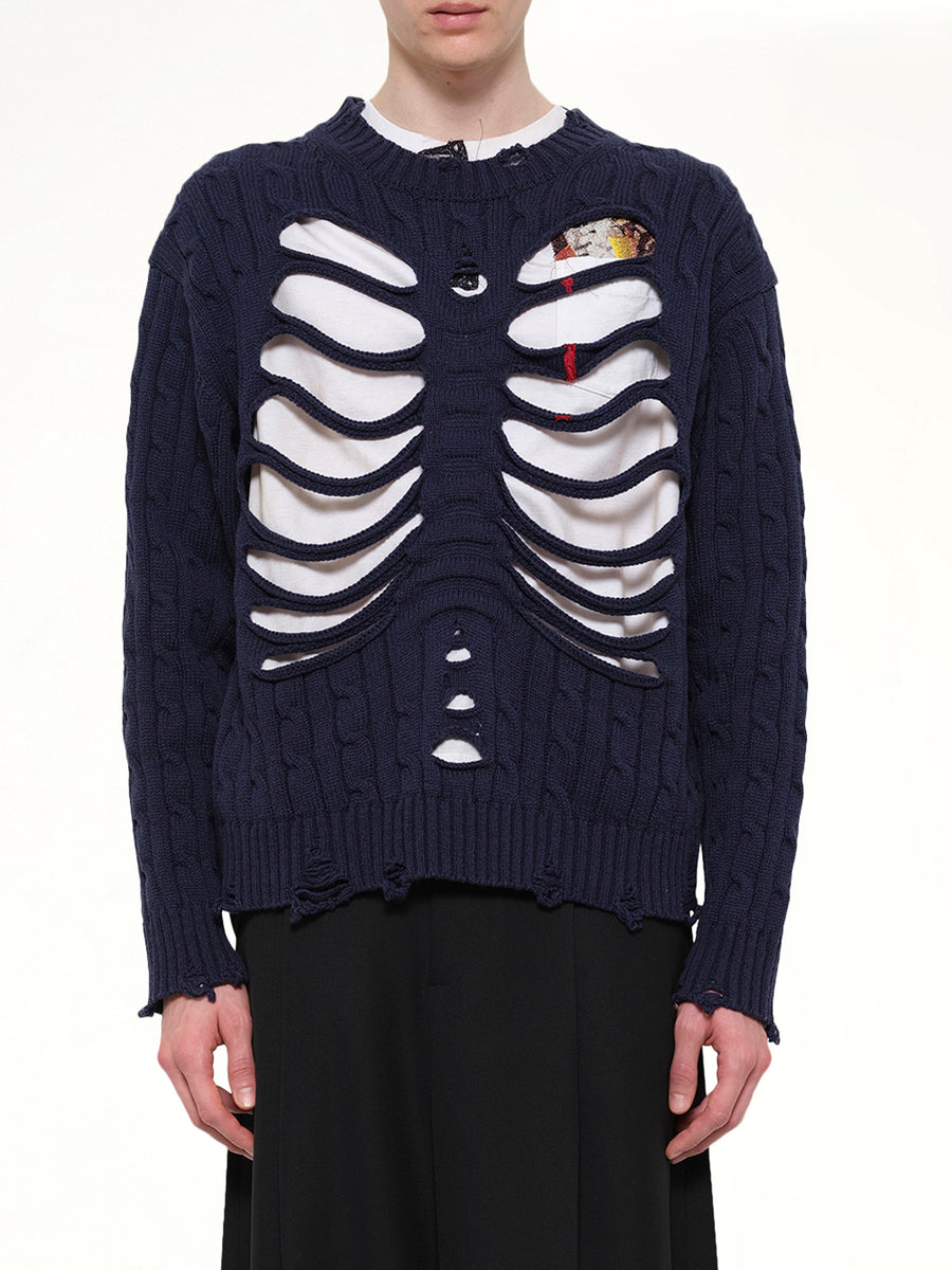 Rib Cage Cable Knit Pullover in Navy