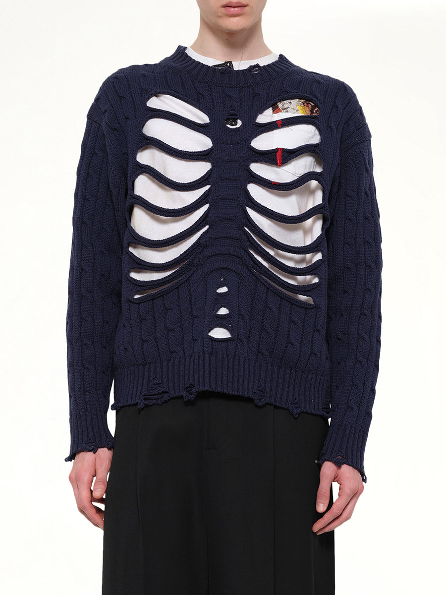 Rib Cage Cable Knit Pullover in Navy