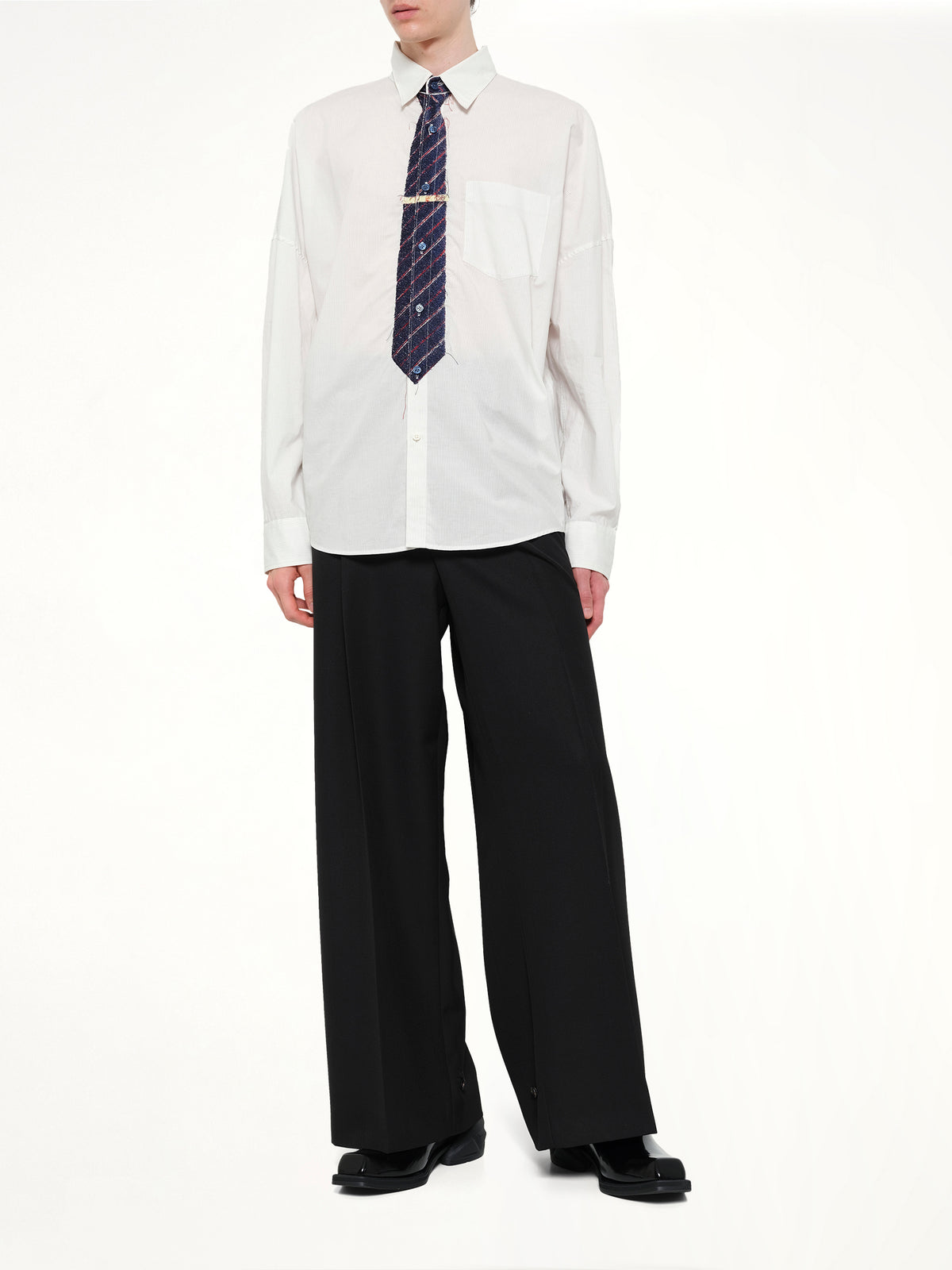Trompe L’Oeil Tie Embroidery Shirt in White/Black