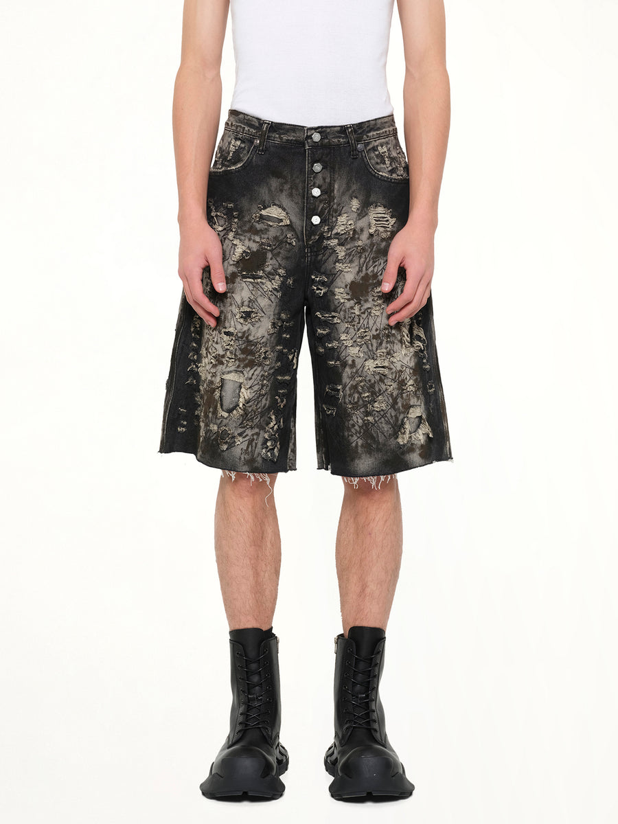 Hard Washed Destroyed Denim Shorts in Black