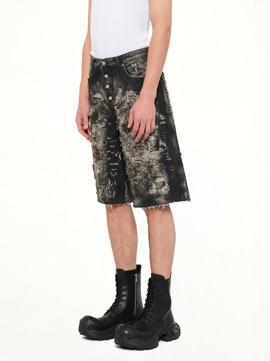 Hard Washed Destroyed Denim Shorts in Black
